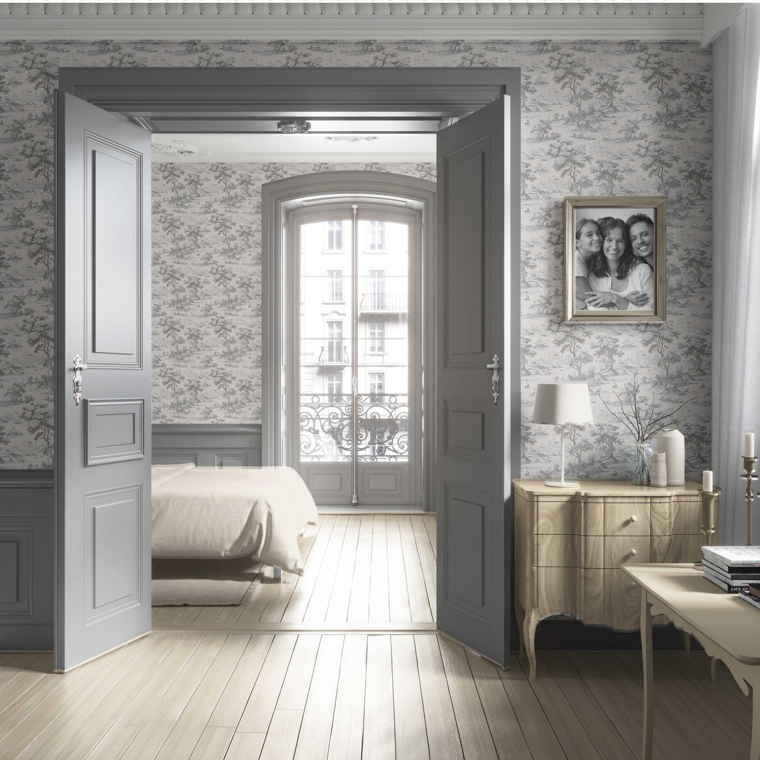 Floral Toile de Jouy Nature Print Living Room Wallpaper Sample (Silver Gray)