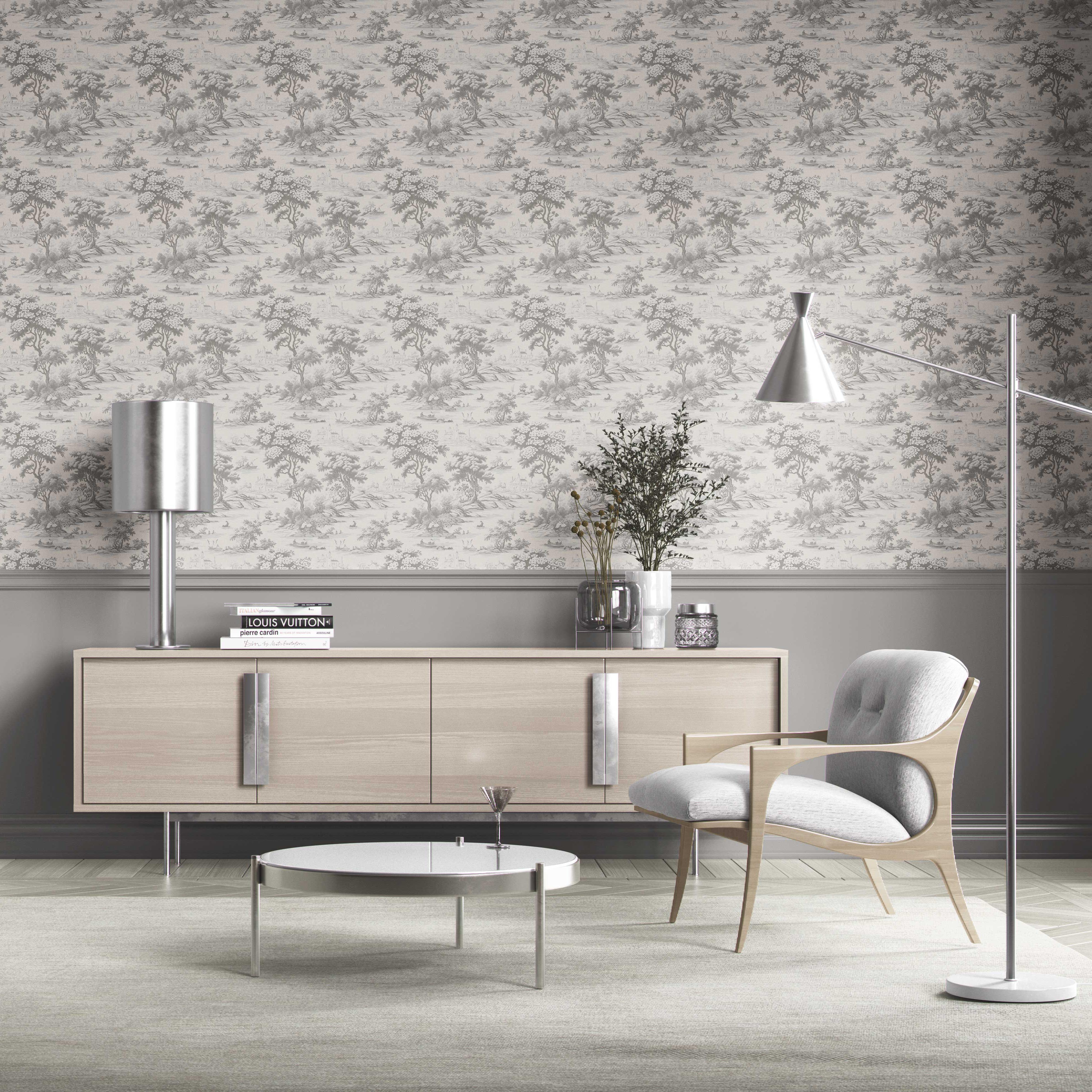 Floral Toile de Jouy Nature Print Kitchen Wallpaper (Silver Gray)