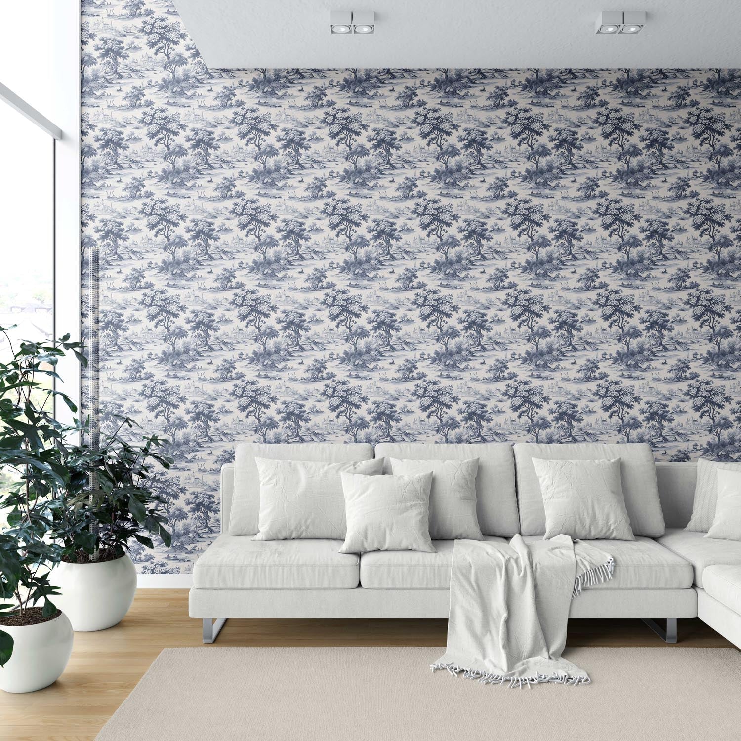 Floral Toile de Jouy Nature Print Shower Toilet Wallpaper Sample (Navy Blue)