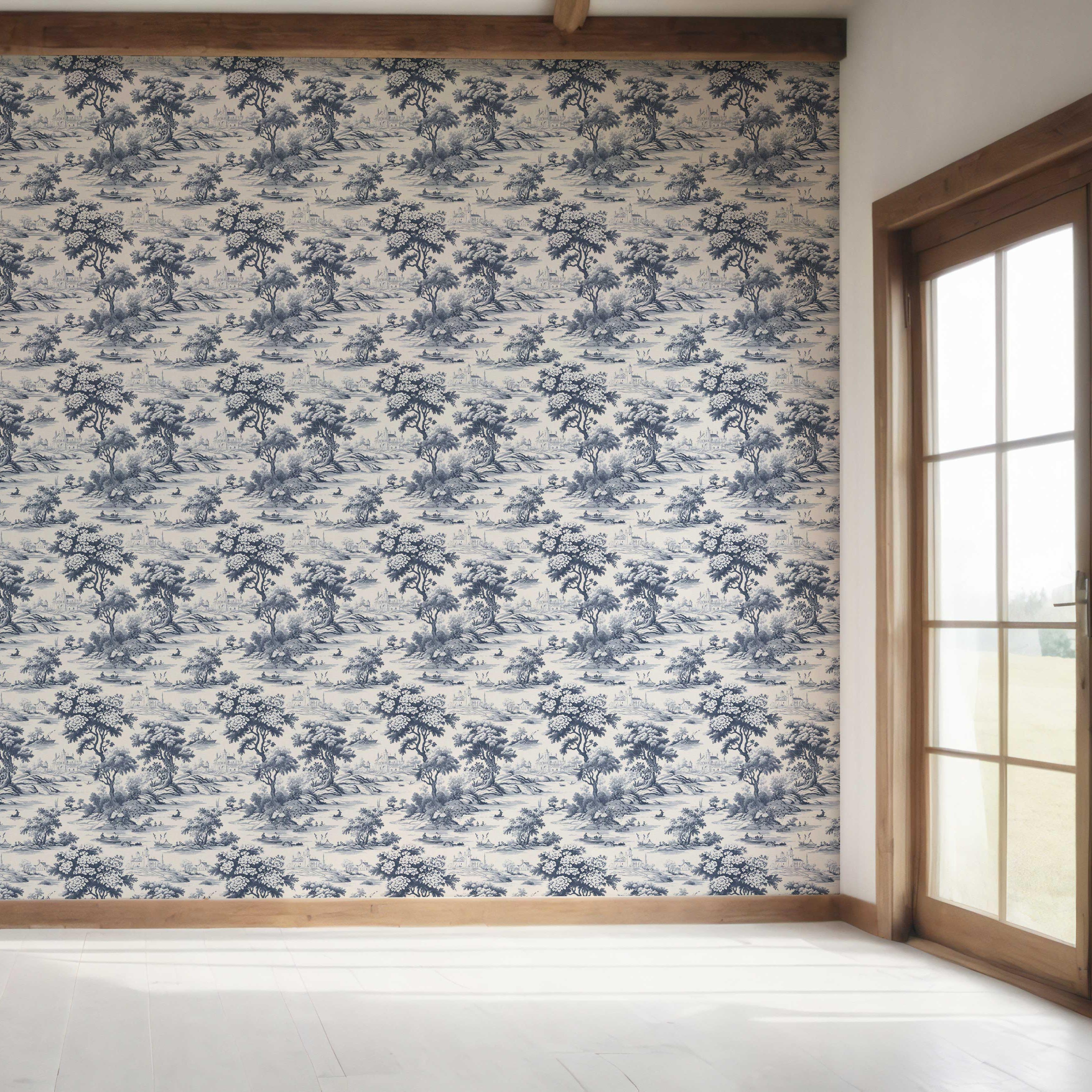 Floral Toile de Jouy Nature Print Bedroom Wallpaper Sample (Navy Blue)