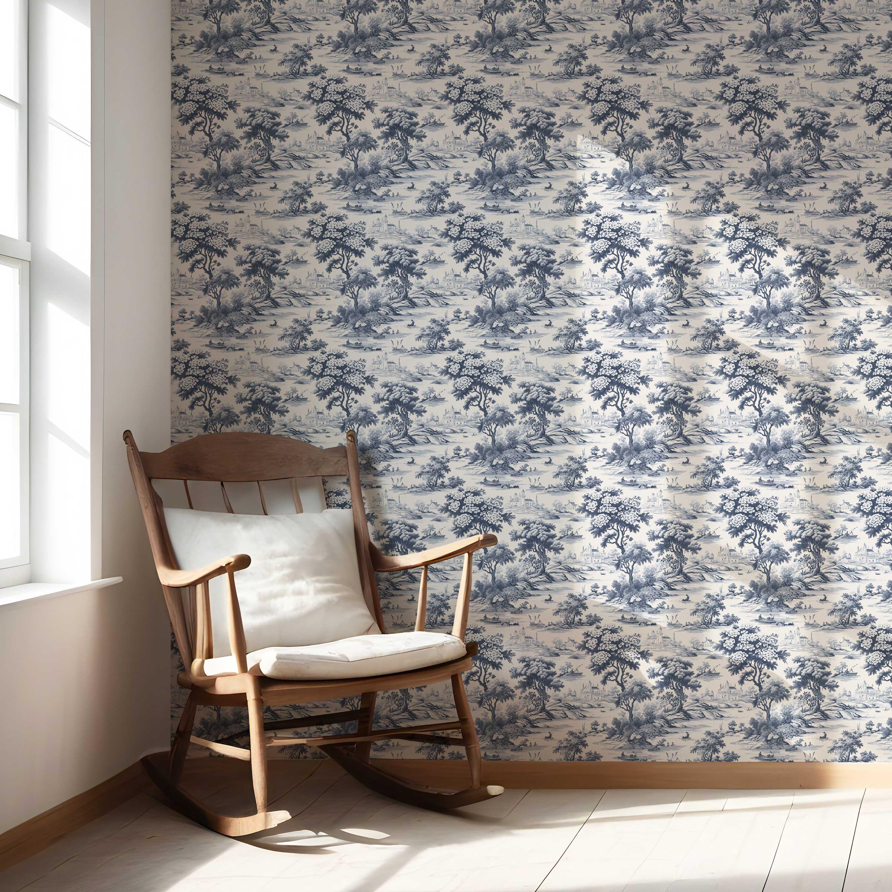 Floral Toile de Jouy Nature Print Nursery Wallpaper Sample (Navy Blue)