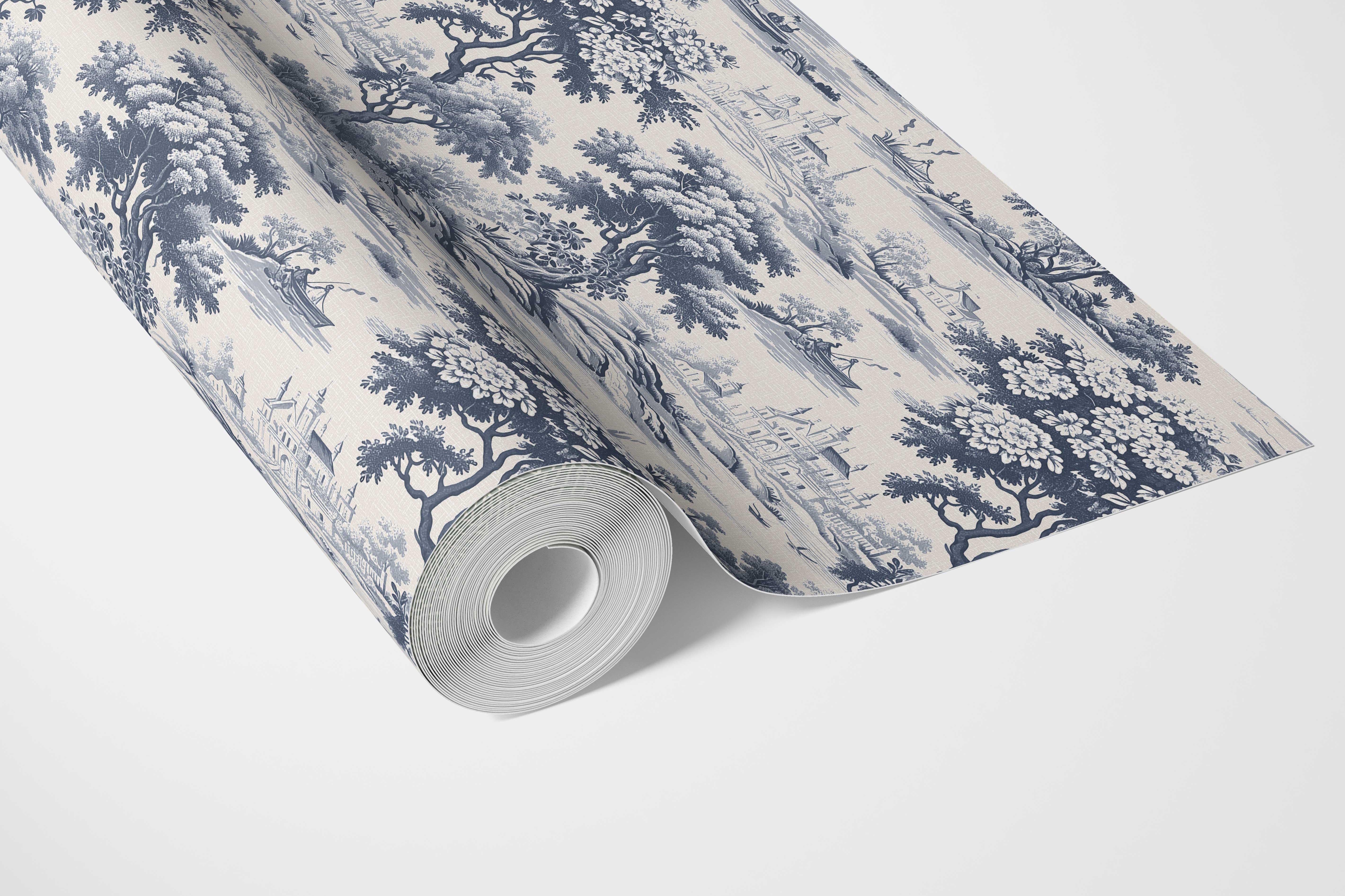 Floral Toile de Jouy Nature Print Bathroom Wallpaper Sample (Navy Blue)
