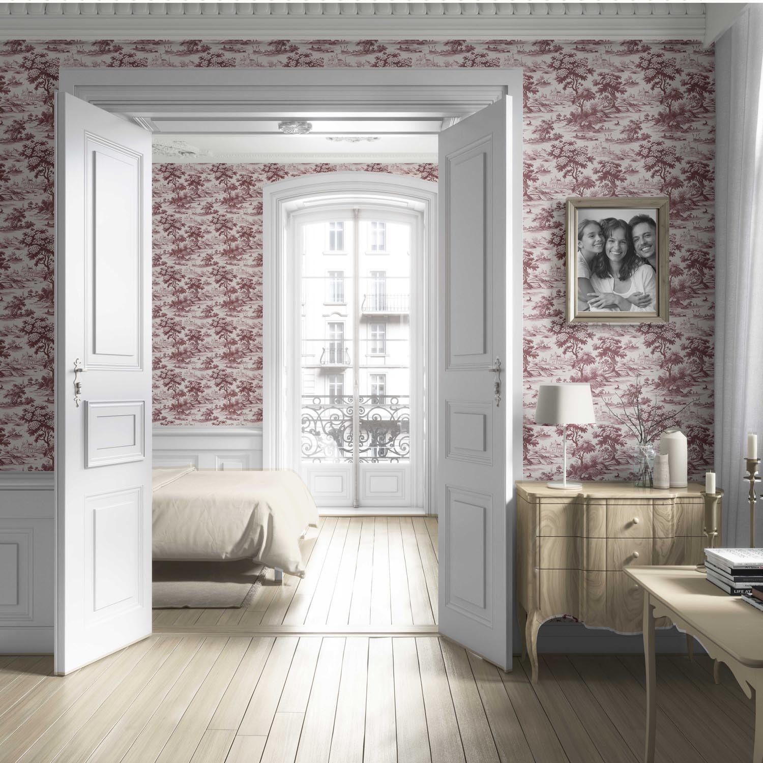 Floral Toile de Jouy Nature Print Living Room Wallpaper Sample (Maroon Red/ Deep Pink)