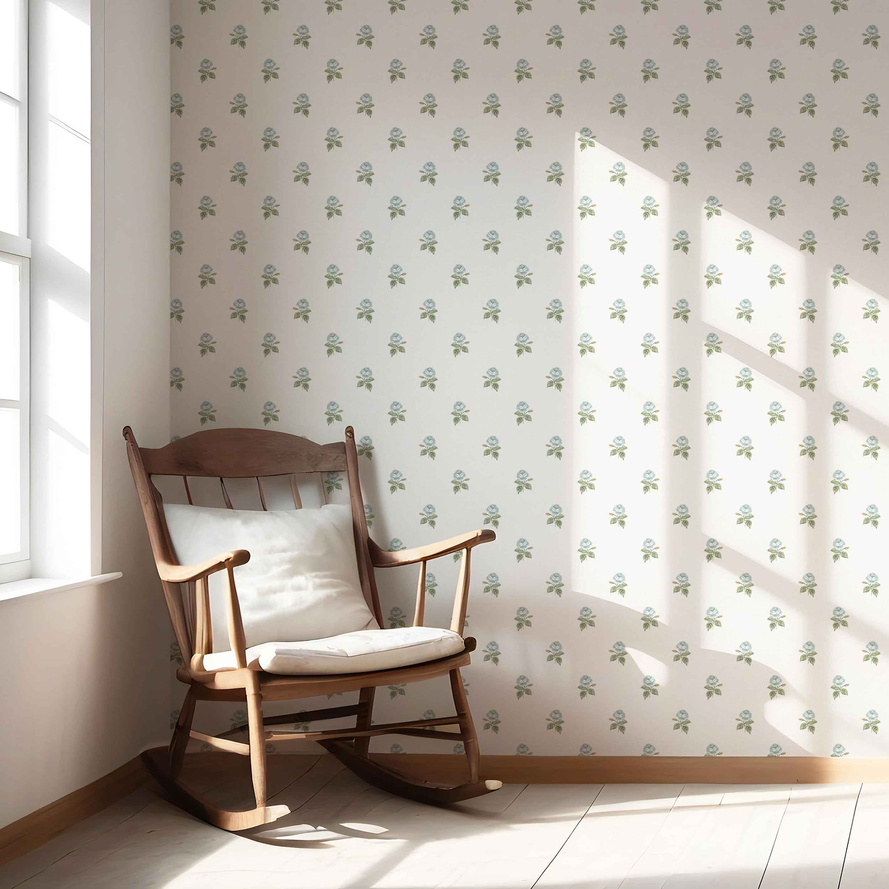 Vintage-Inspired Floral Block Print Nursery Wallpaper Sample (Blue/ Green/ White)