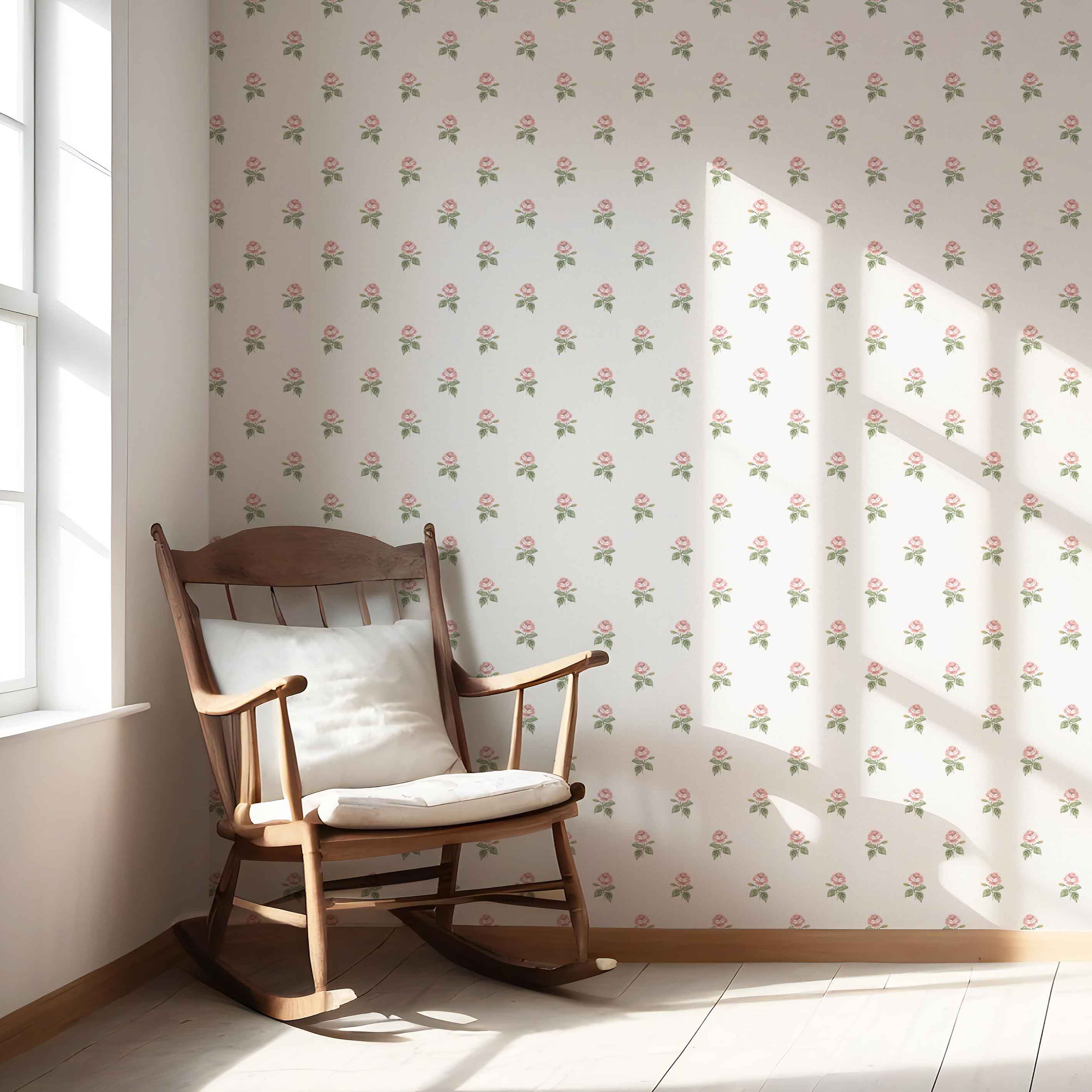 Vintage-Inspired Floral Block Print Nursery Wallpaper (Pink/ Green/ White)