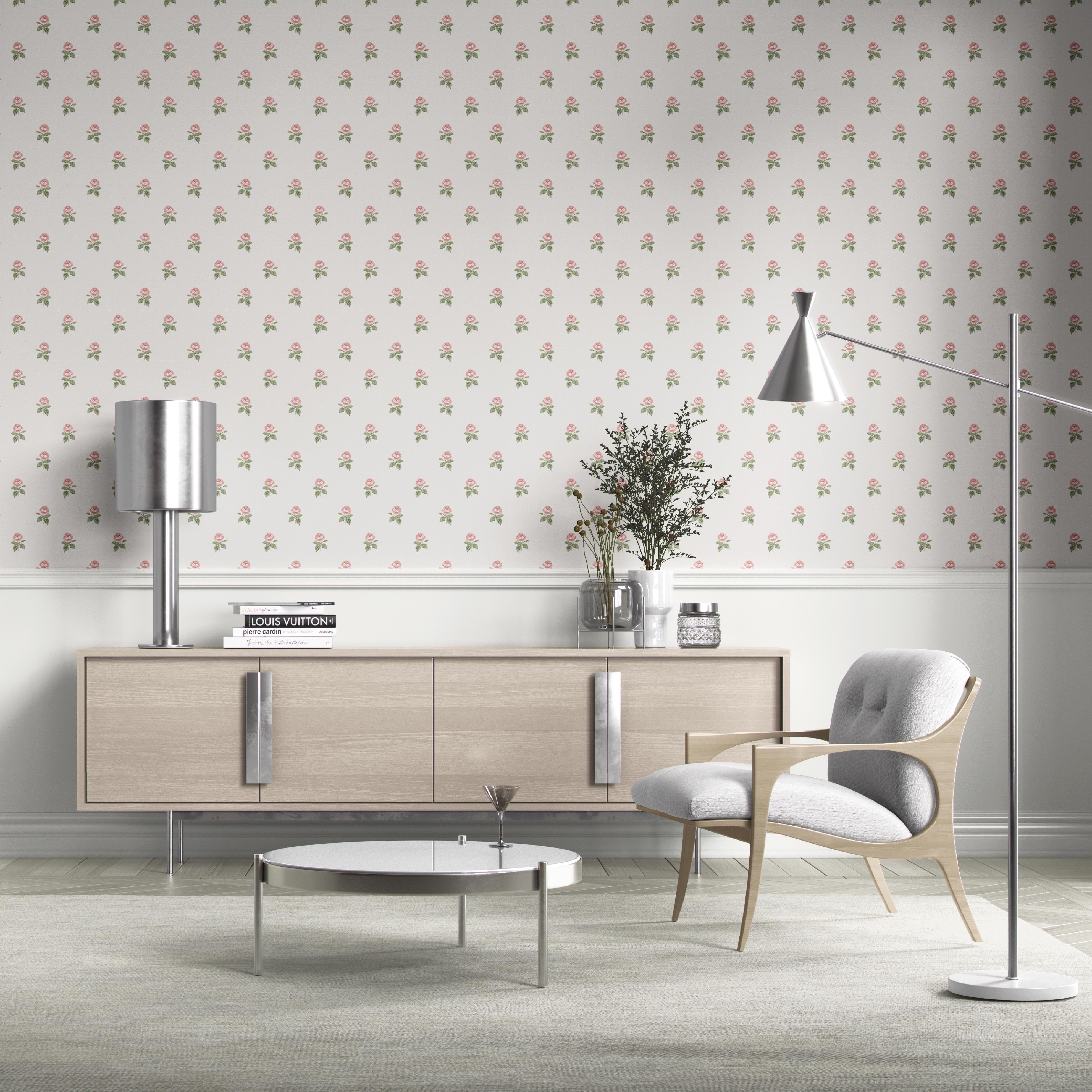 Vintage-Inspired Floral Block Print Bathroom Wallpaper Sample (Pink/ Green/ White)