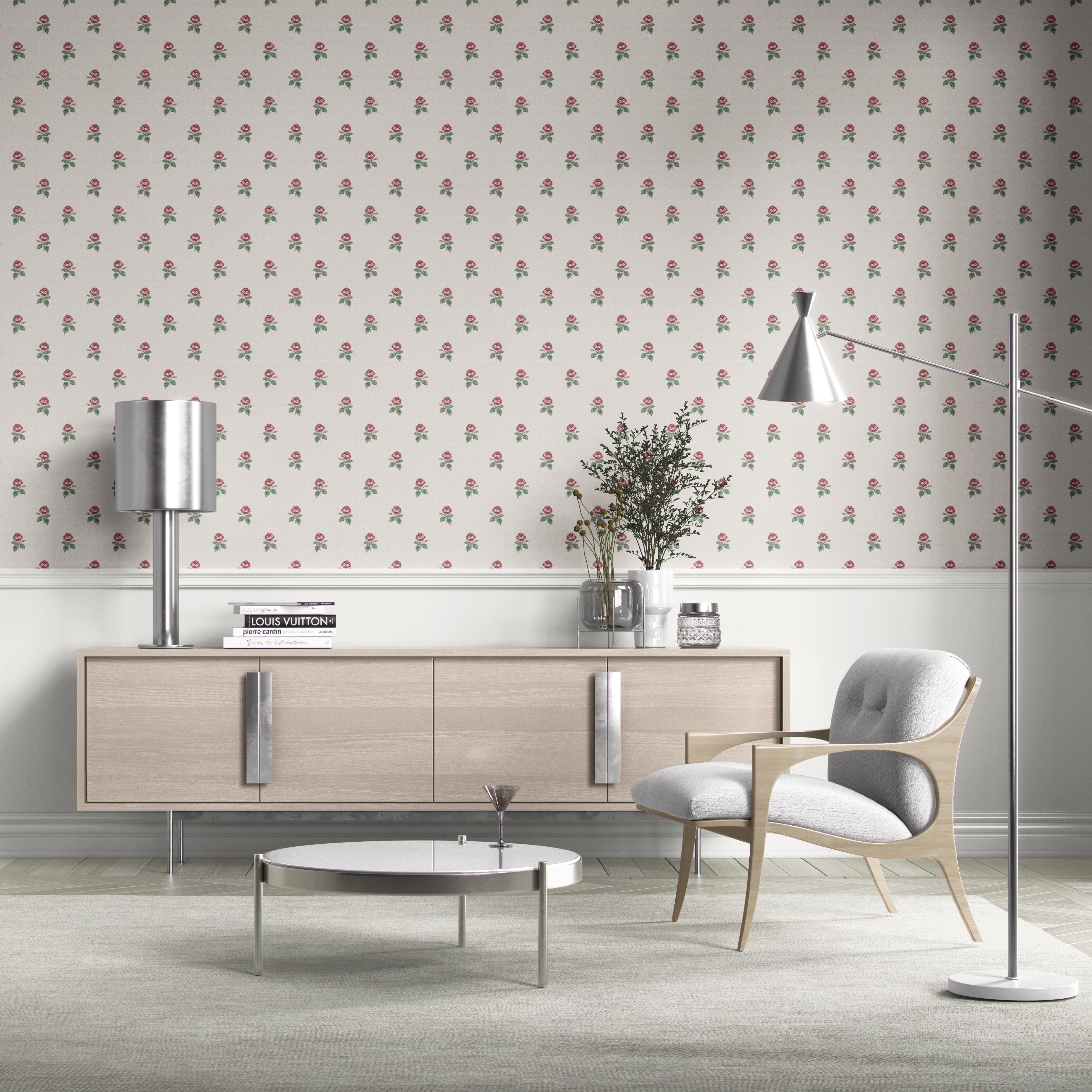 Vintage-Inspired Floral Block Print Bathroom Wallpaper (Red-Pink/ Green/ White)