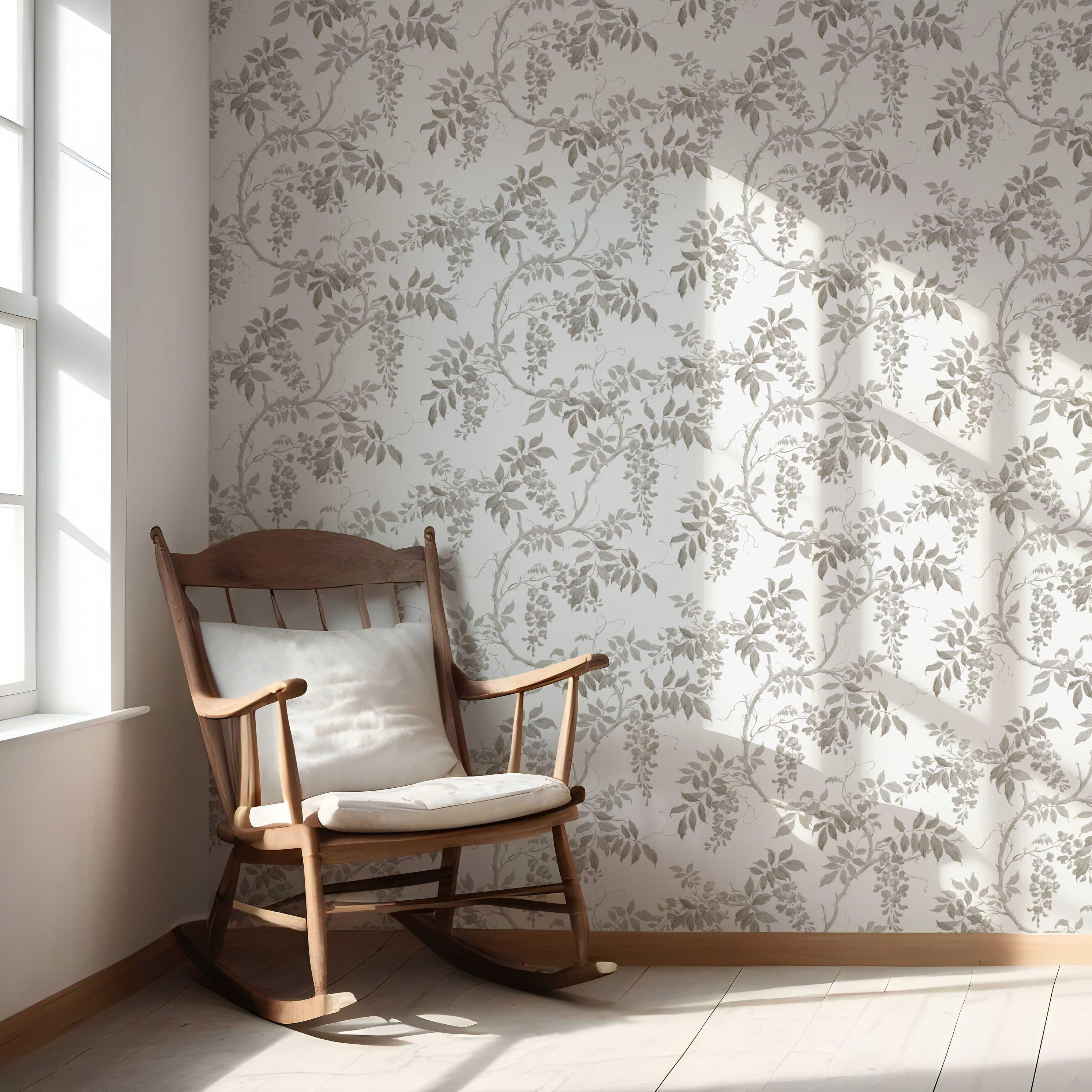 Neutral Floral Vine/ Botanical Nursery Wallpaper Sample (Gray/ Greige/ White/ Taupe)
