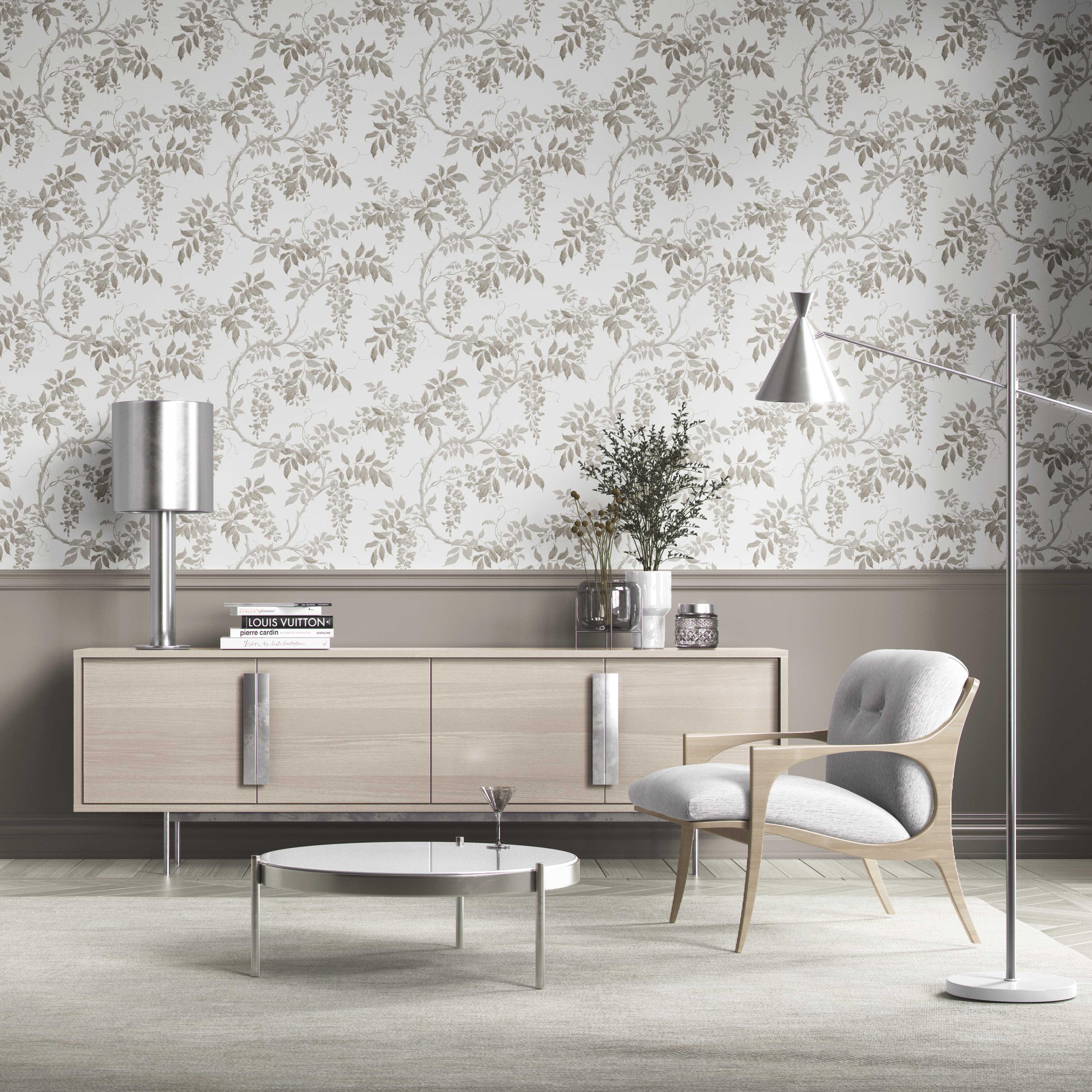 Neutral Floral Vine/ Botanical Kitchen Wallpaper Sample (Gray/ Greige/ White/ Taupe)