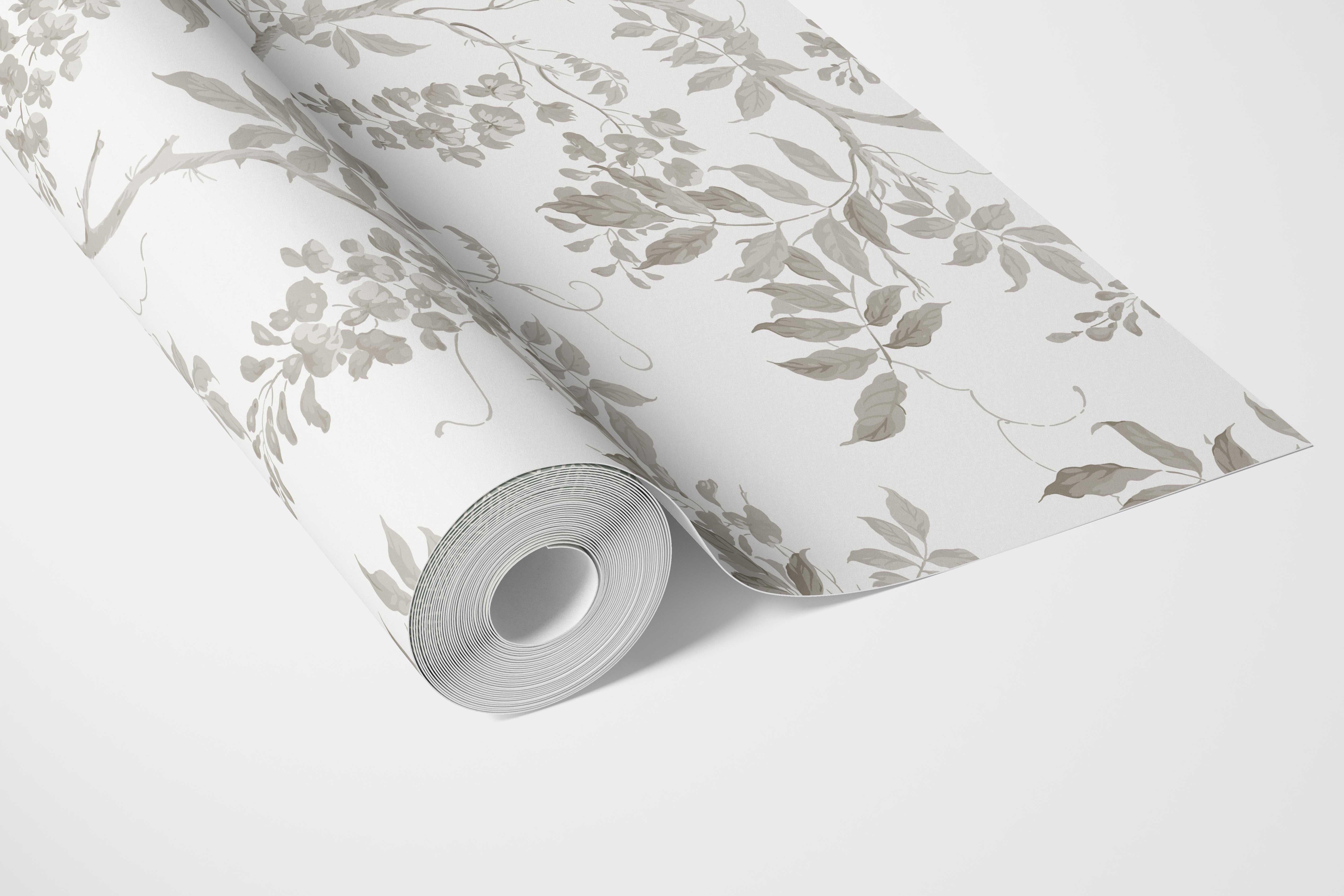 Neutral Floral Vine/ Botanical Bathroom Wallpaper Sample (Gray/ Greige/ White/ Taupe)