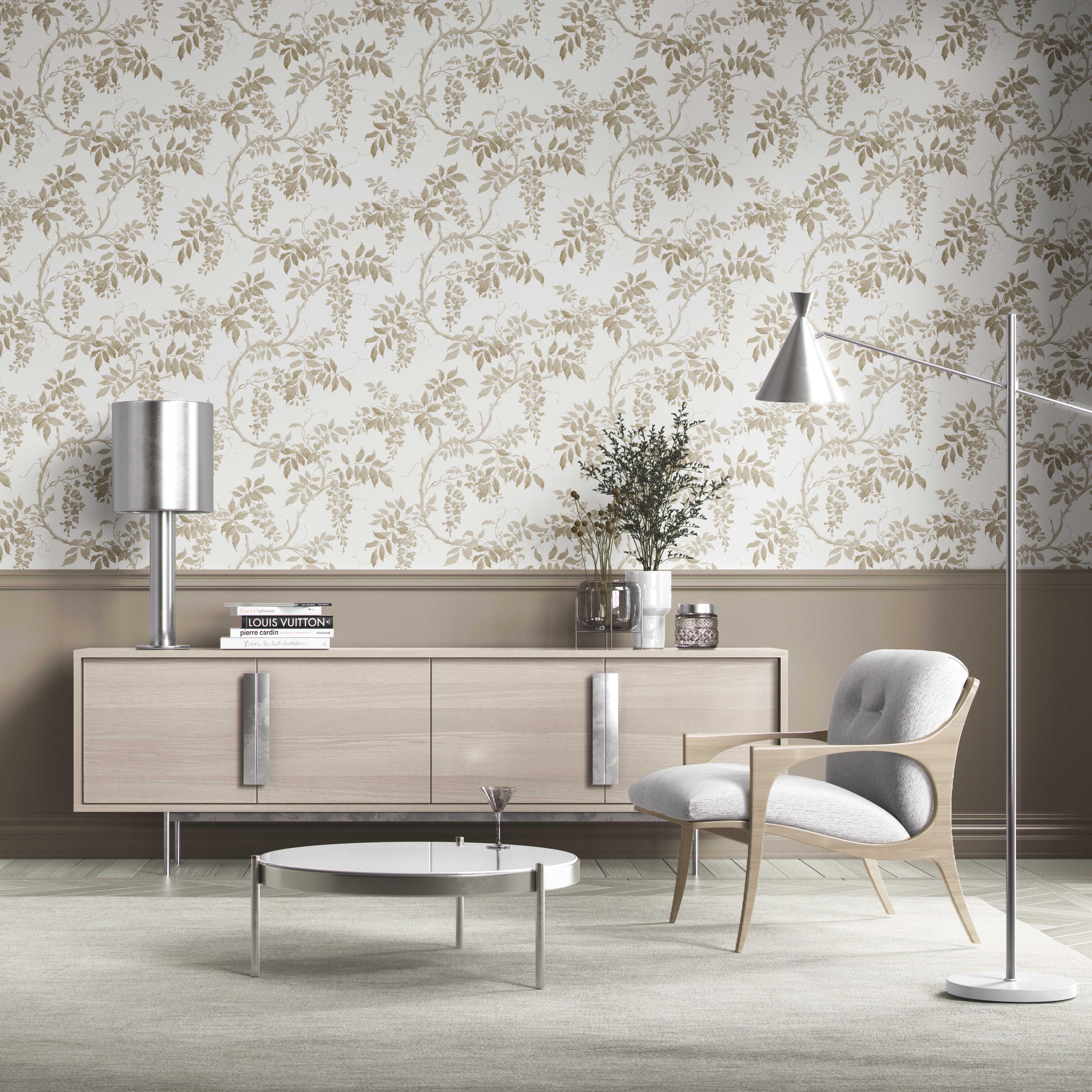 Neutral Floral Vine/ Botanical Kitchen Wallpaper Sample (Beige/ Taupe/ Gray/ White)
