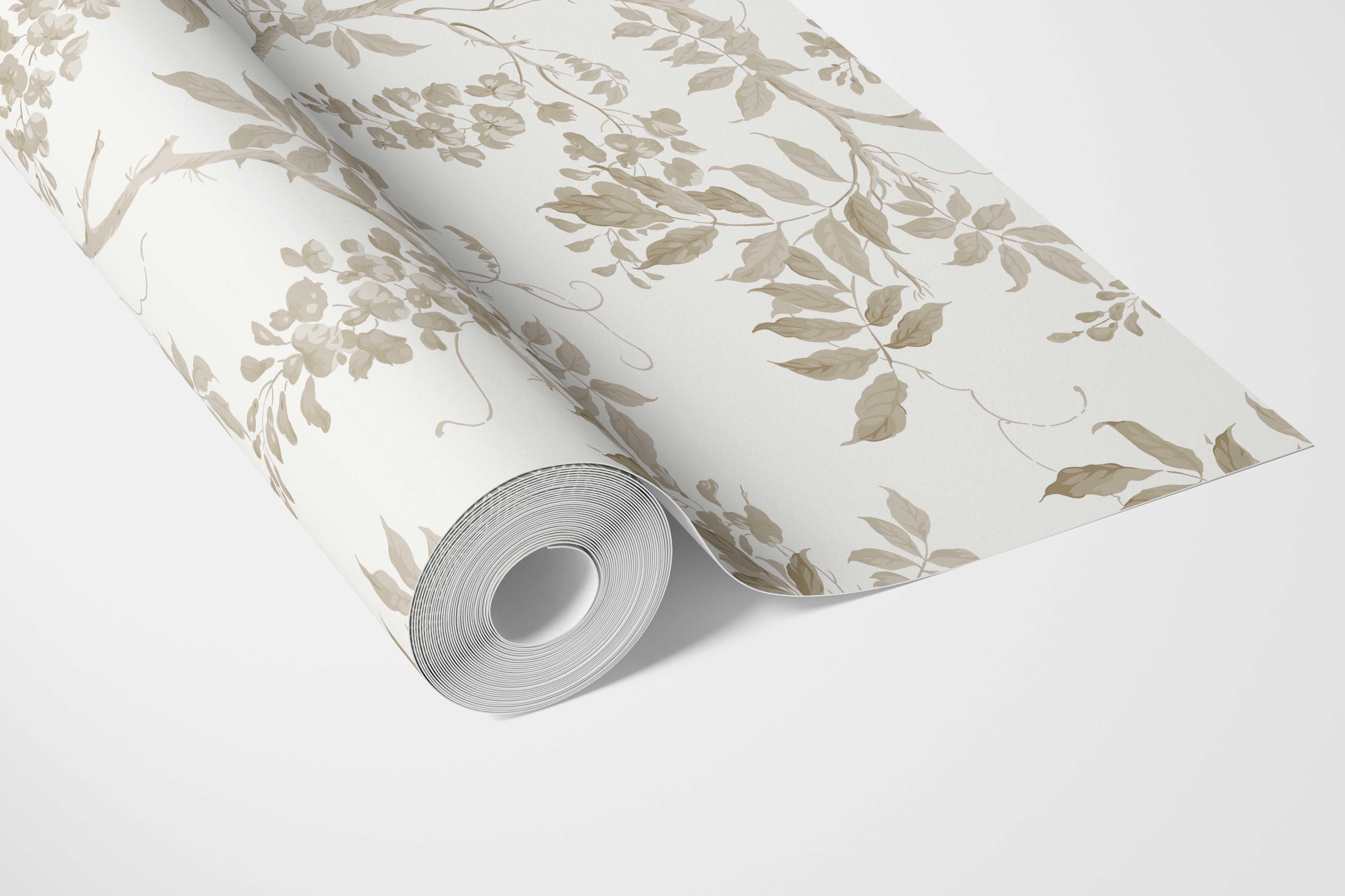 Neutral Floral Vine/ Botanical Bathroom Wallpaper Sample (Beige/ Taupe/ Gray/ White)