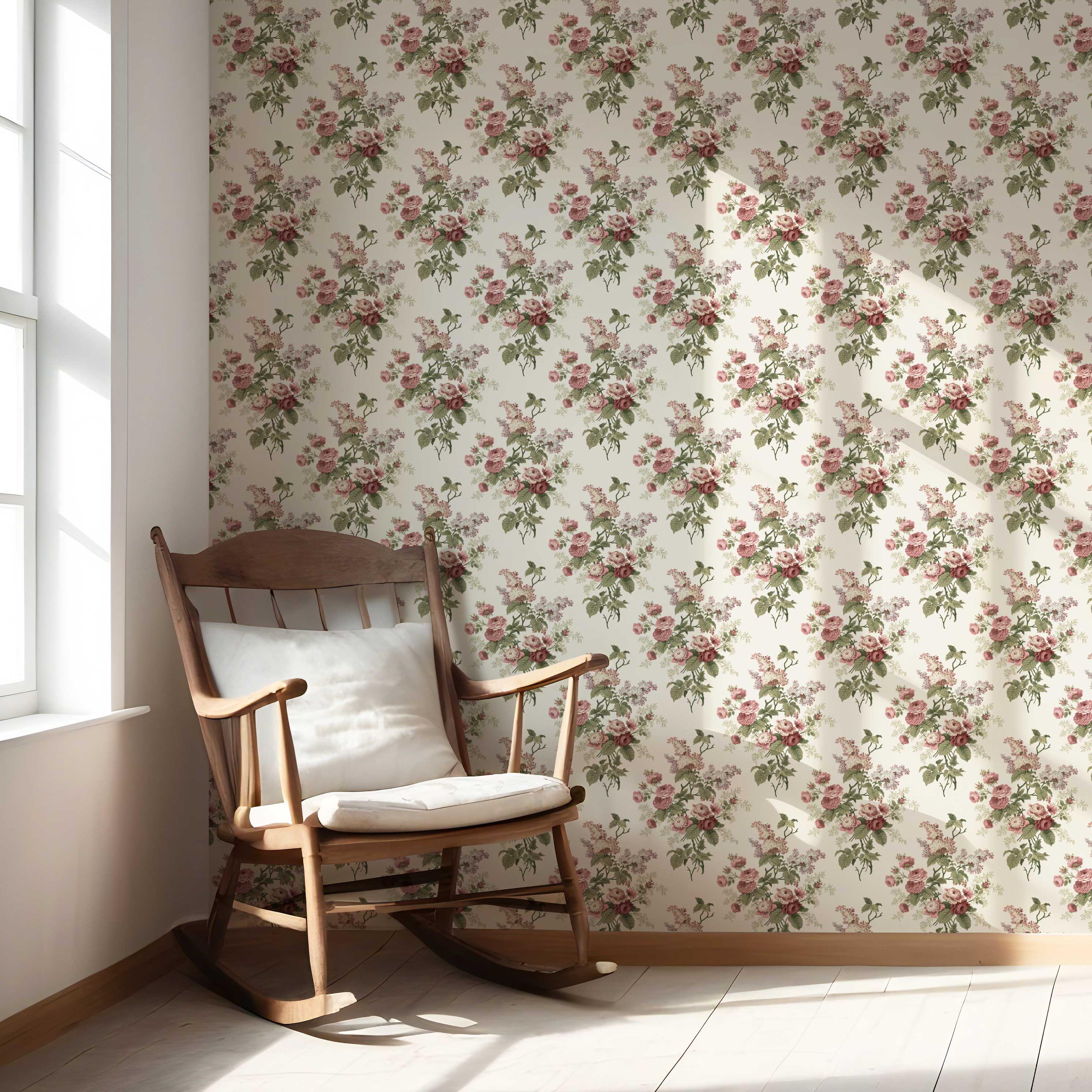 English Floral Print Nursery Wallpaper (Cream/ Pink/ Green/ Mauve)