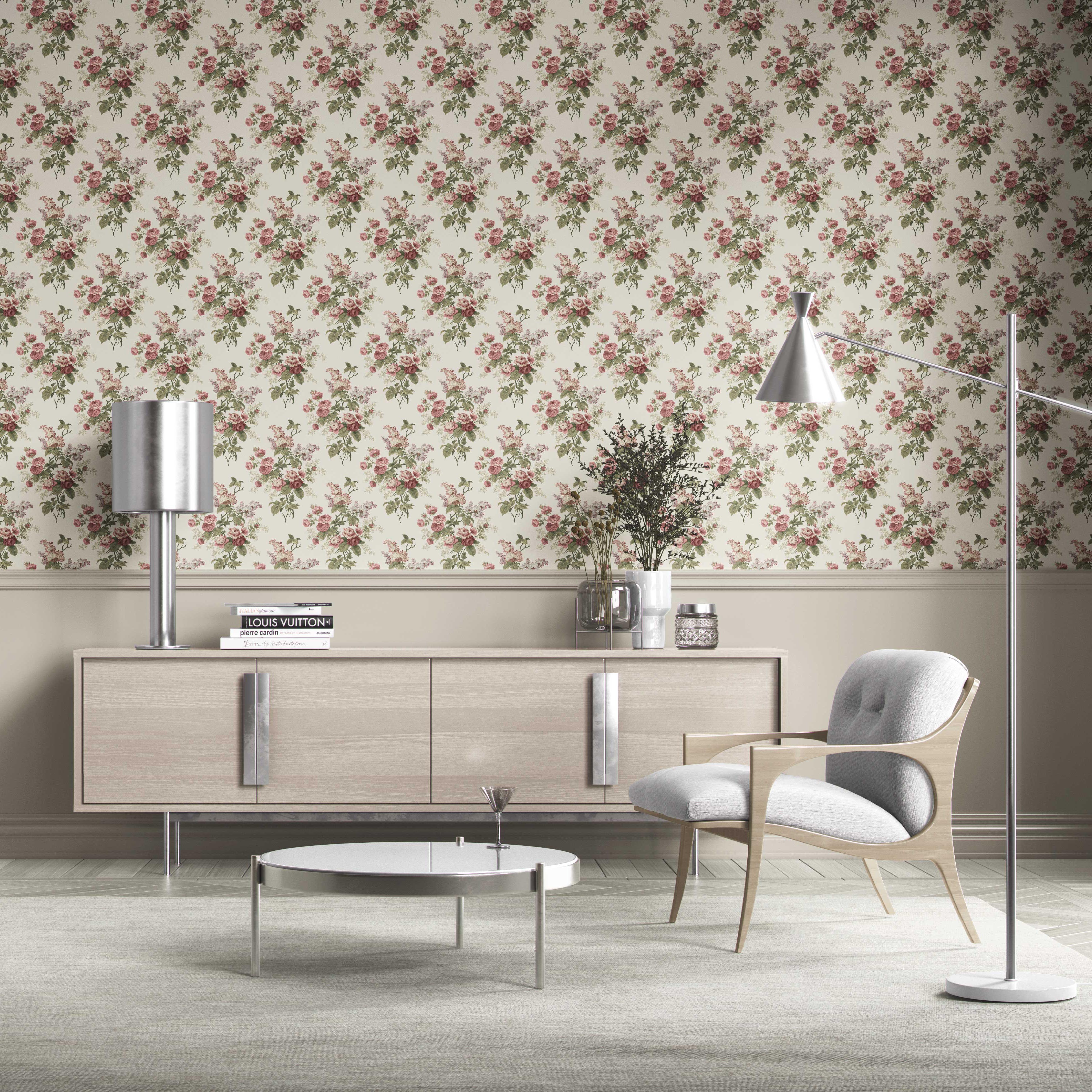 English Floral Print Kitchen Wallpaper Sample (Cream/ Pink/ Green/ Mauve)