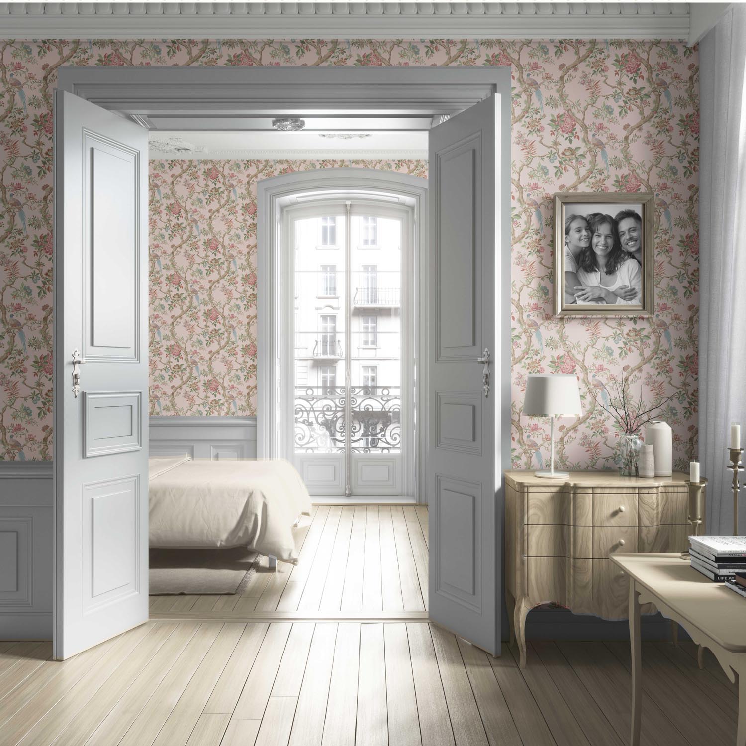 Floral/ Bird Print Chinoiserie Living Room Wallpaper (Soft Pink/ Green/ Duck Egg Blue)