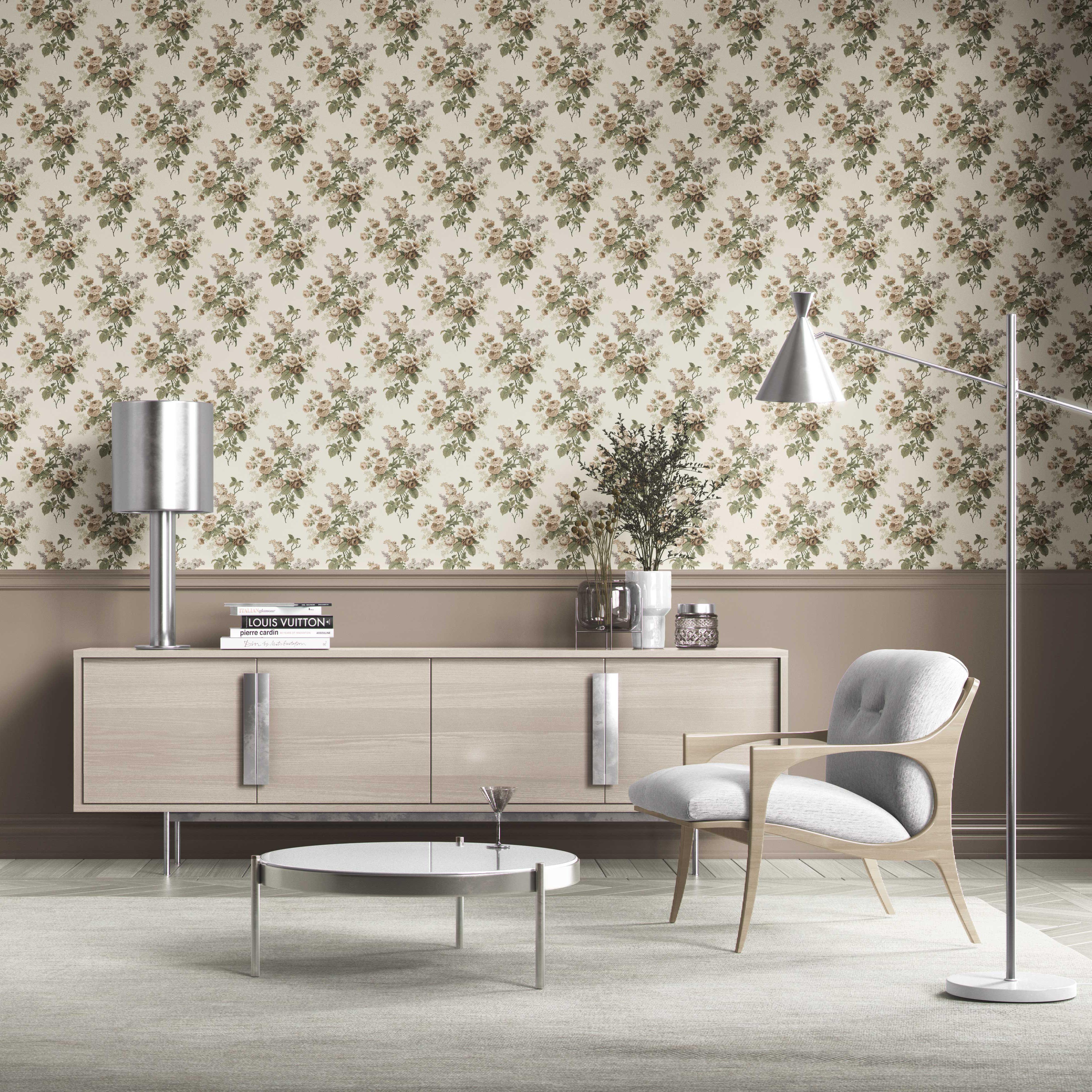 English Floral Print Kitchen Wallpaper Sample (Cream/ Beige/ Brown/ Green/ Gray)