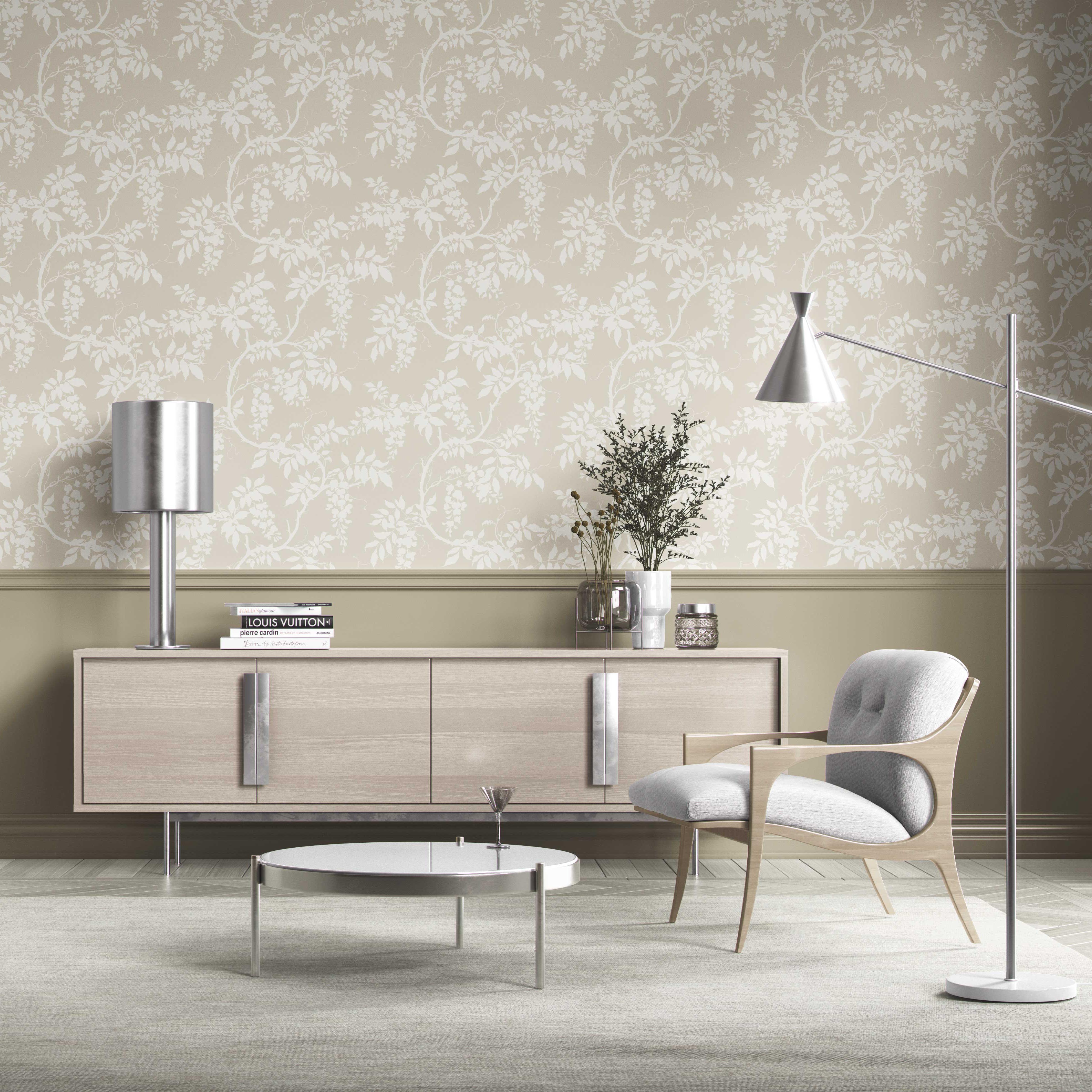 Neutral Floral Vine/ Botanical Kitchen Wallpaper Sample (Beige/ Cream/ Warm Gray)