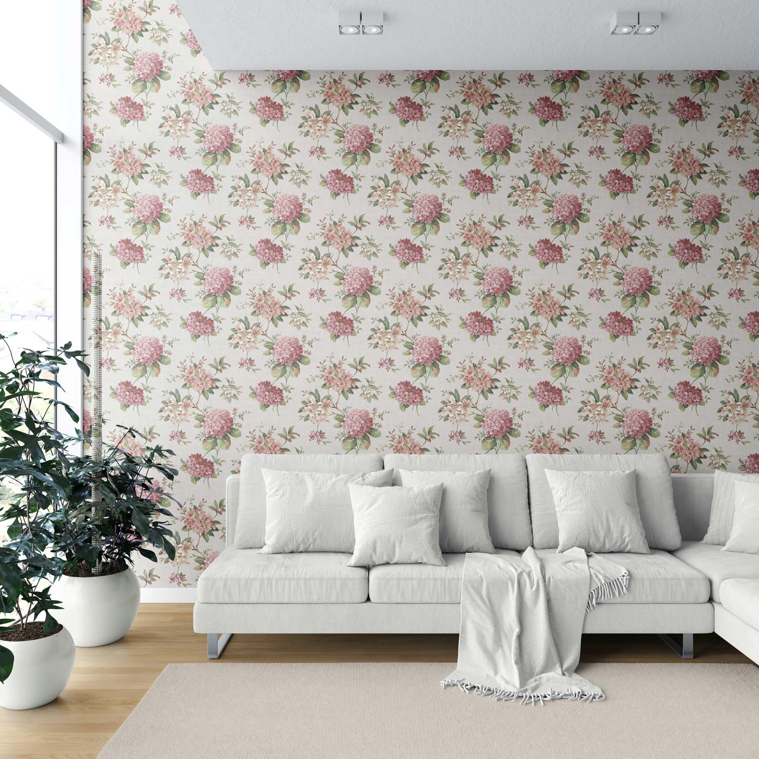Modern Floral Block Print Shower Toilet Wallpaper (Blush Pink/ Green)