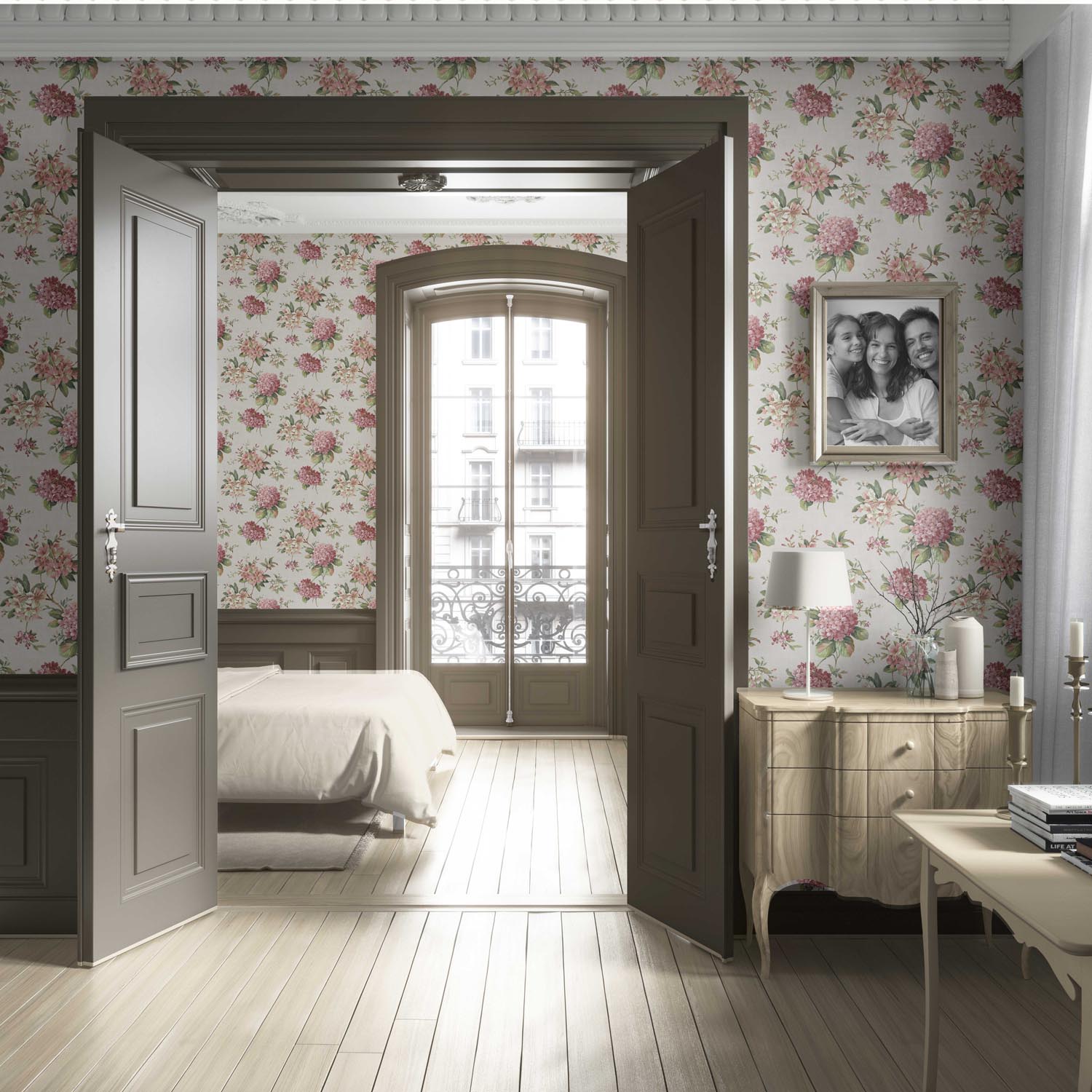 Modern Floral Block Print Living Room Wallpaper (Blush Pink/ Green)