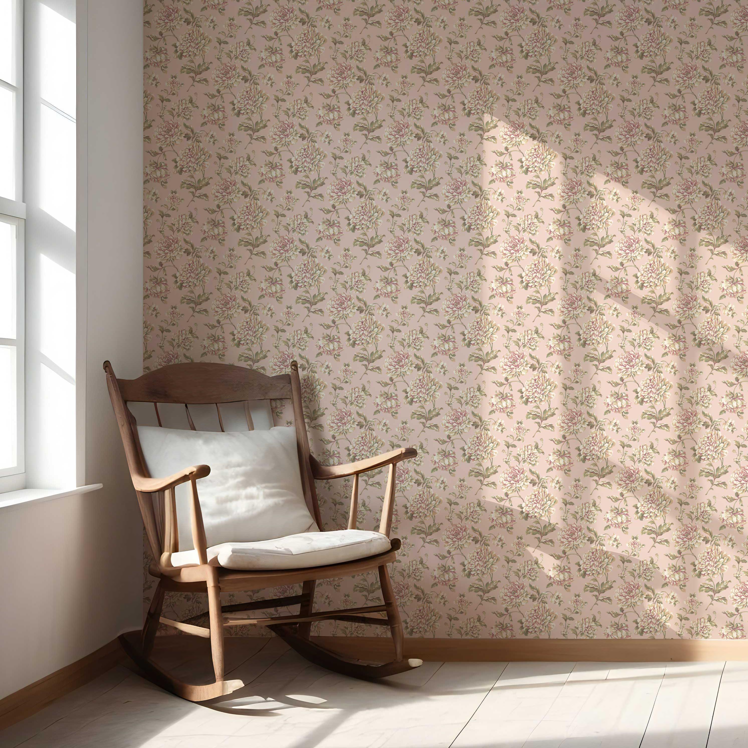 Chinoiserie/ English Floral Nursery Wallpaper (Soft Pink/ Peach/ Green/ Cream)