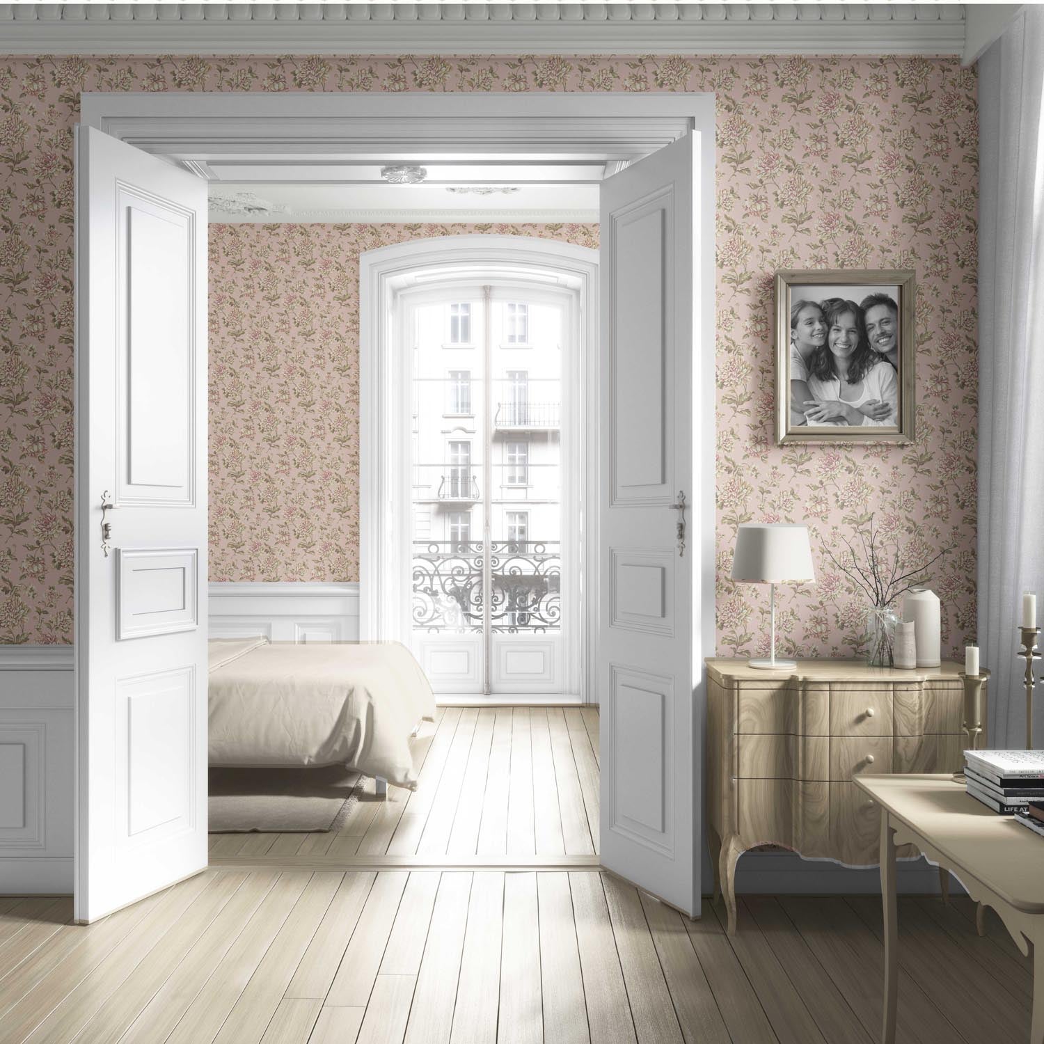 Chinoiserie/ English Floral Living Room Wallpaper Sample (Soft Pink/ Peach/ Green/ Cream)