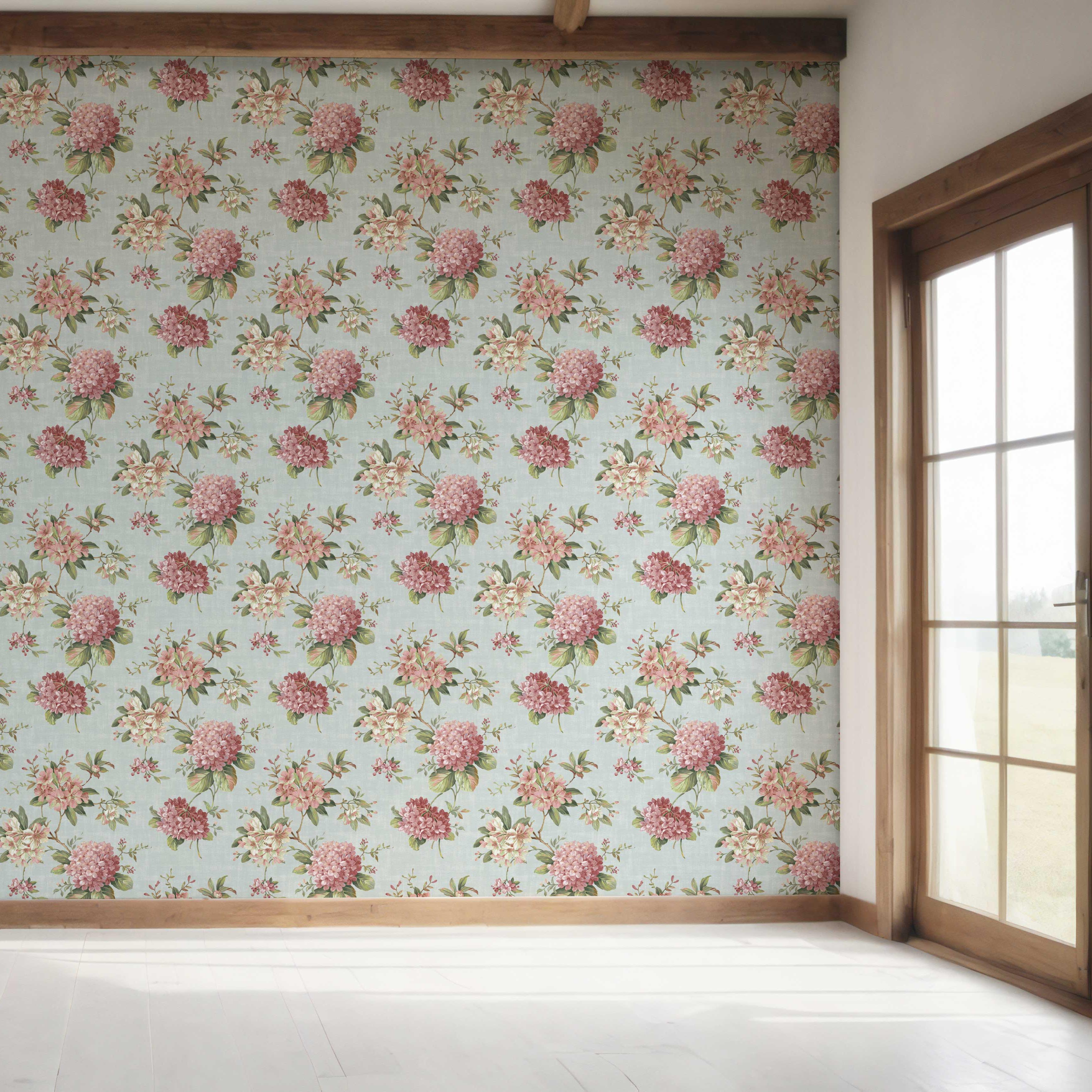 Modern Floral Block Print Bedroom Wallpaper Sample (Blue/ Pink/ Green)
