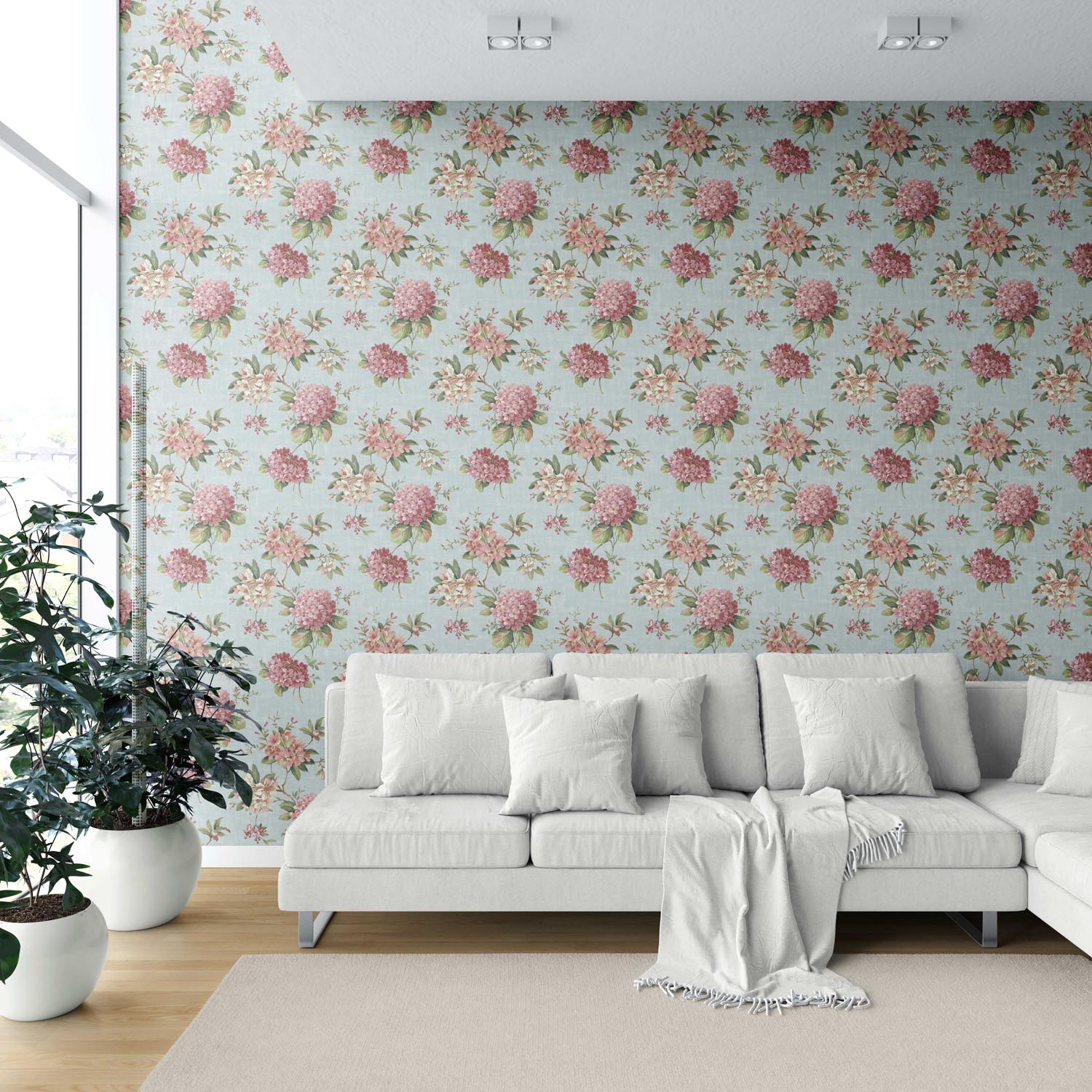 Modern Floral Block Print Shower Toilet Wallpaper Sample (Blue/ Pink/ Green)