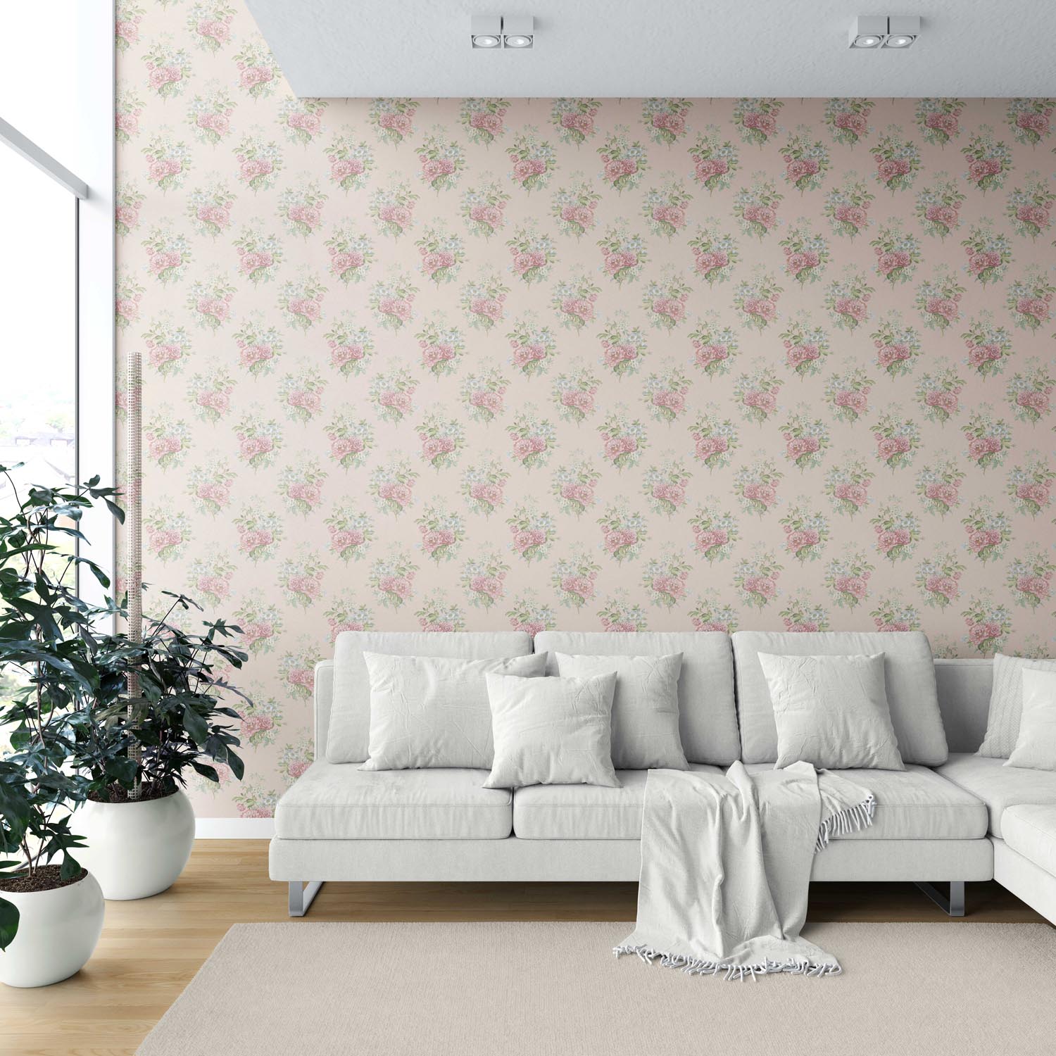 Floral Block Print Shower Toilet Wallpaper Sample (Blush Pink/ Blue/ Green)