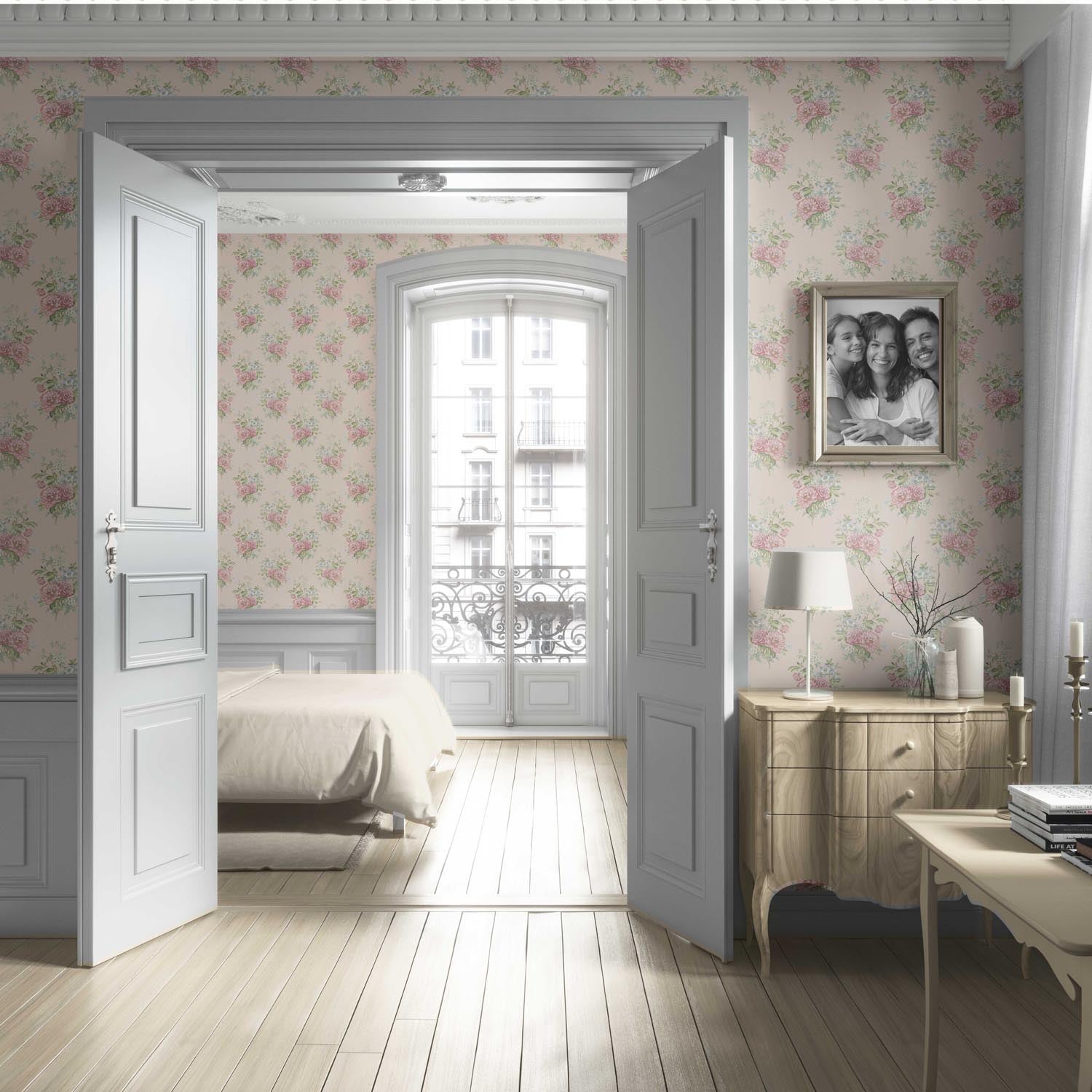 Floral Block Print Living Room Wallpaper Sample (Blush Pink/ Blue/ Green)