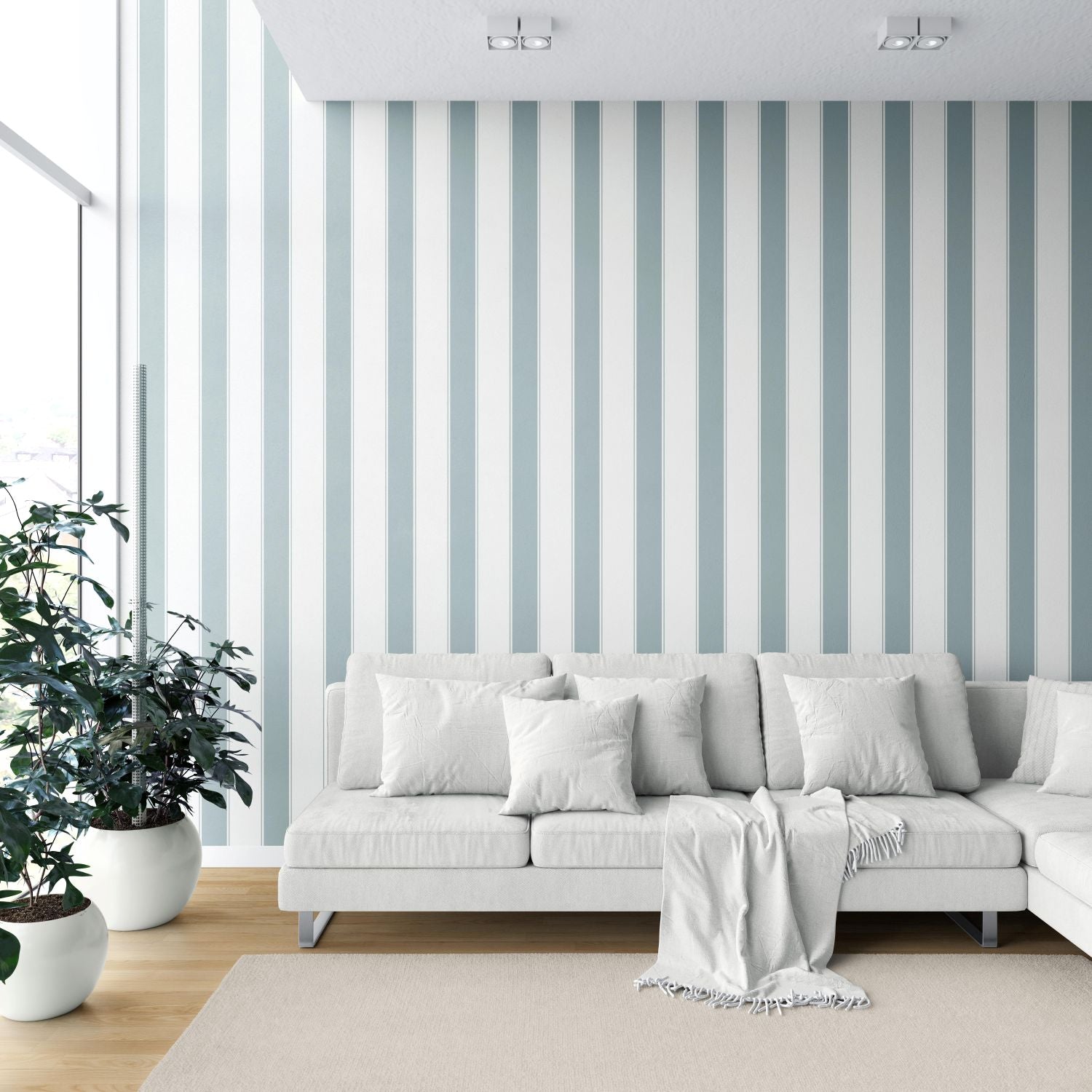 Geometric Striped Bathroom Wallpaper Sample (Duck Egg Blue/ White)
