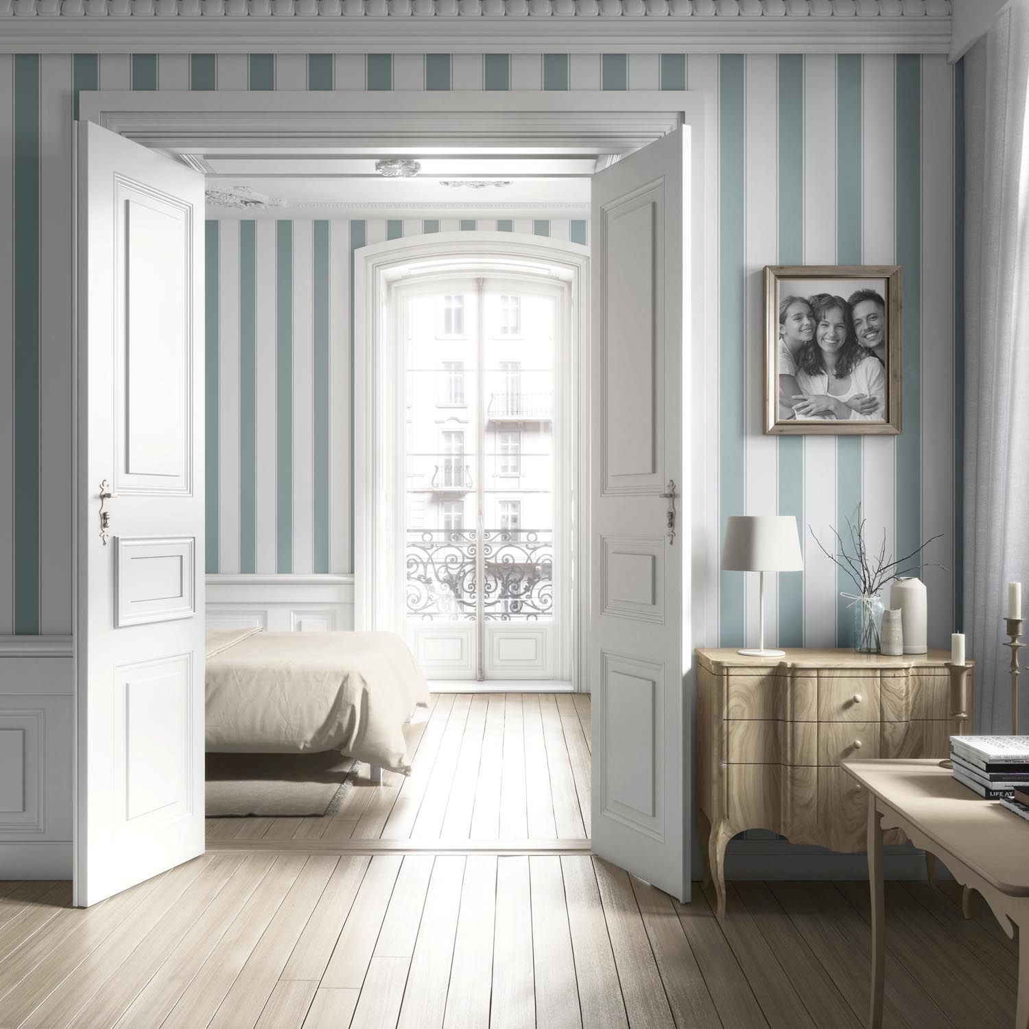 Geometric Striped Nursery Wallpaper Sample (Duck Egg Blue/ White)