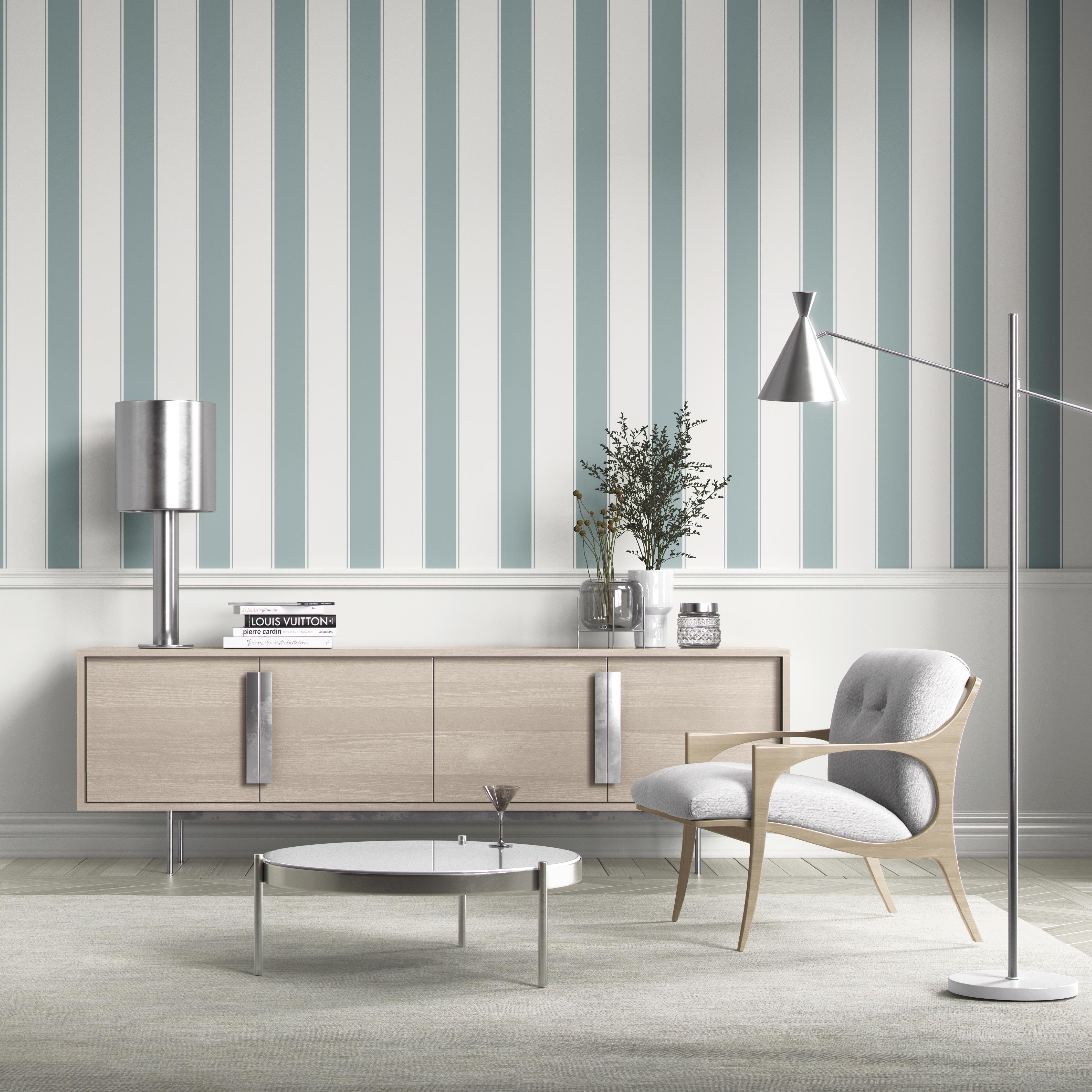 Geometric Striped Living Room Wallpaper Sample (Duck Egg Blue/ White)