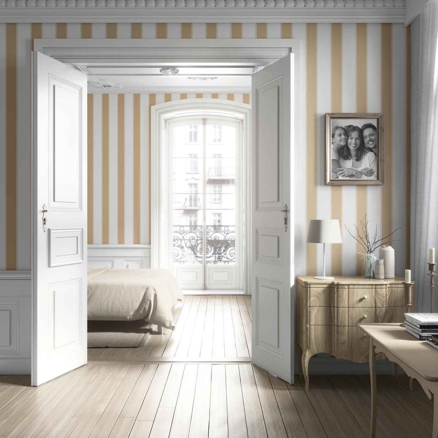 Geometric Striped Nursery Wallpaper Sample (Sand Beige/ Tan/ White)