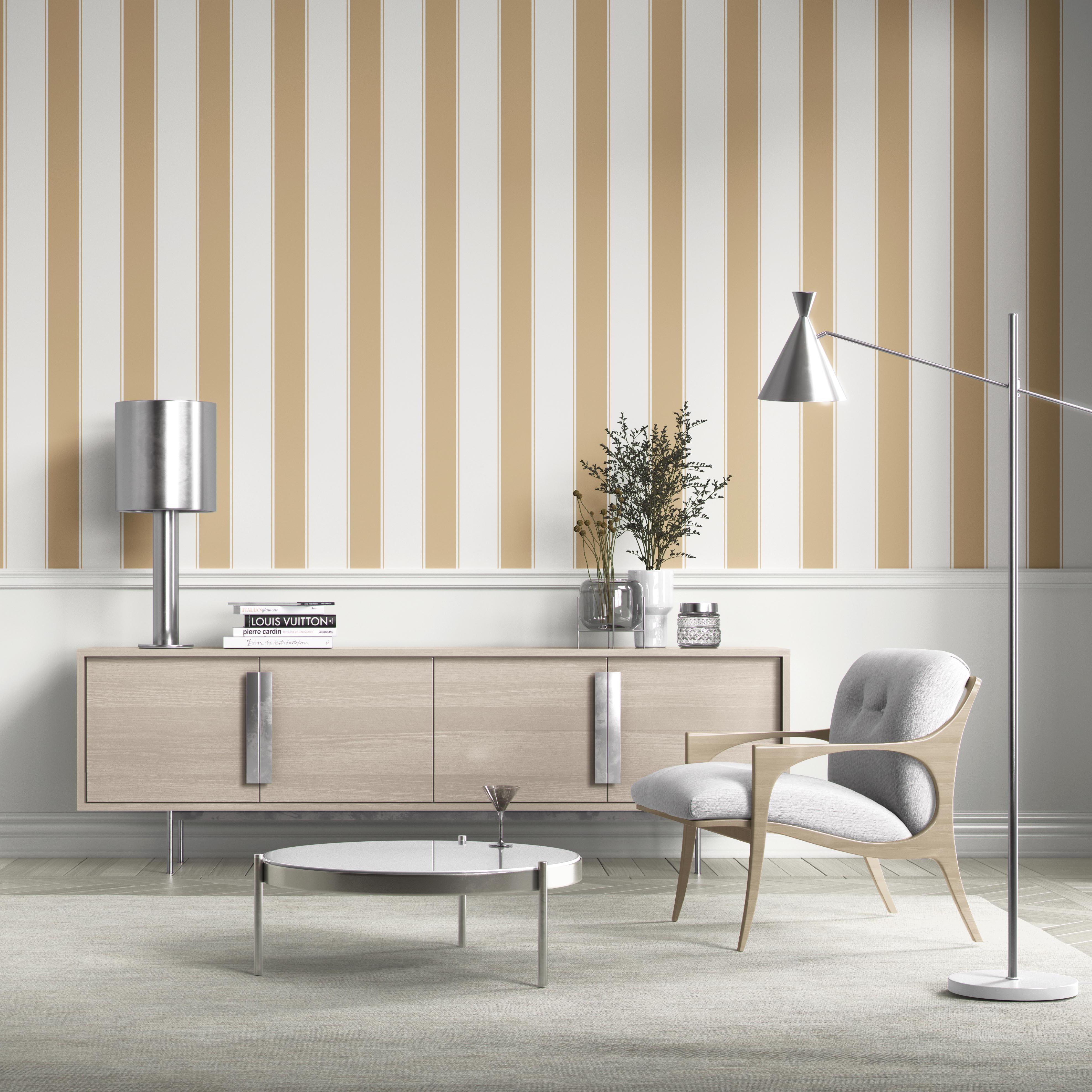 Geometric Striped Living Room Wallpaper Sample (Sand Beige/ Tan/ White)
