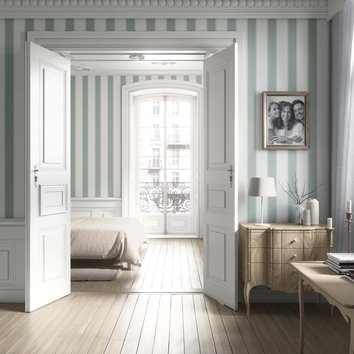 Geometric Striped Nursery Wallpaper Sample (Green-Blue)