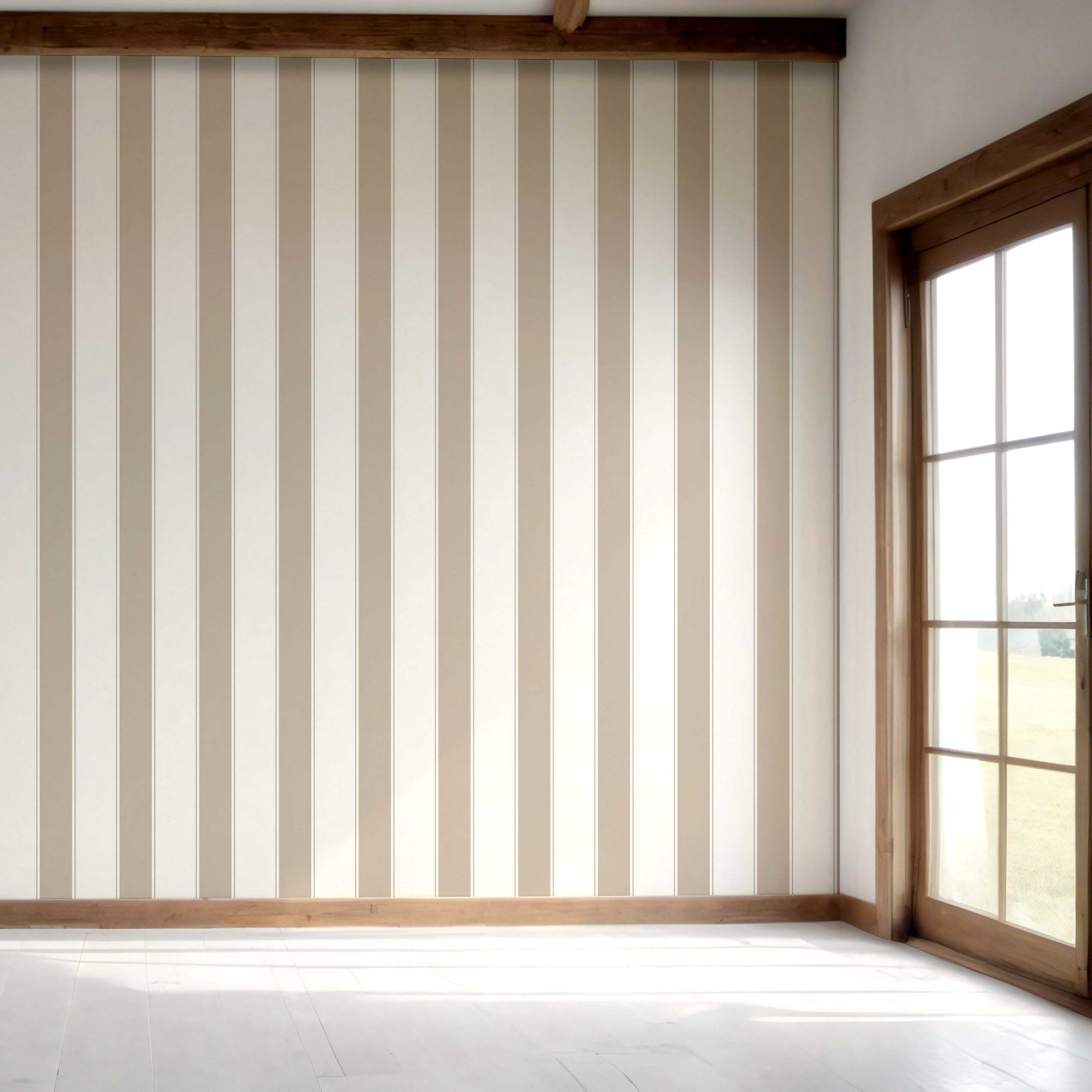 Neutral Geometric Striped Bedroom Wallpaper Sample (Stone Beige/ White)