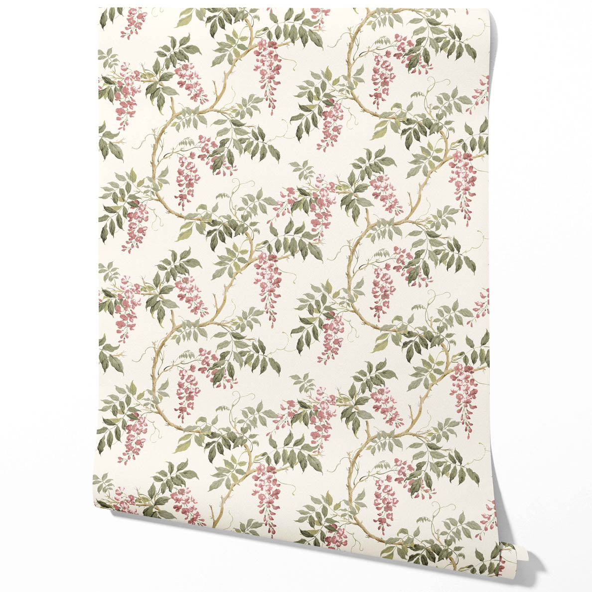 Floral Vine/ Botanical Patterned Traditional Wallpaper Sample (Cream/ Pink/ Green)