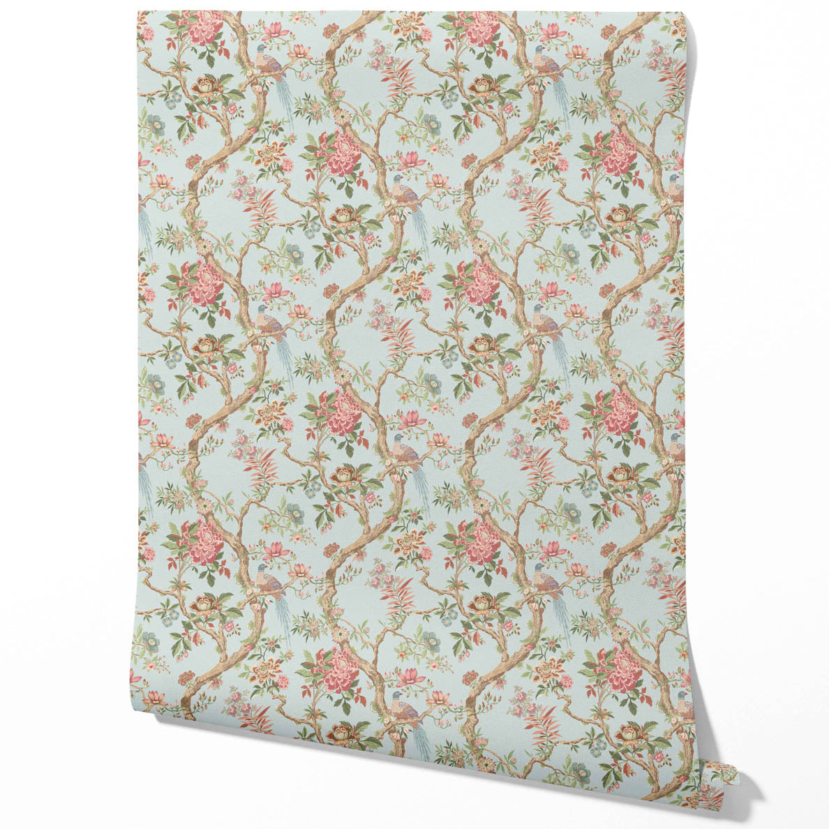 Floral/ Bird Print Chinoiserie Traditional Wallpaper Sample (Blue/ Coral Pink/ Green)