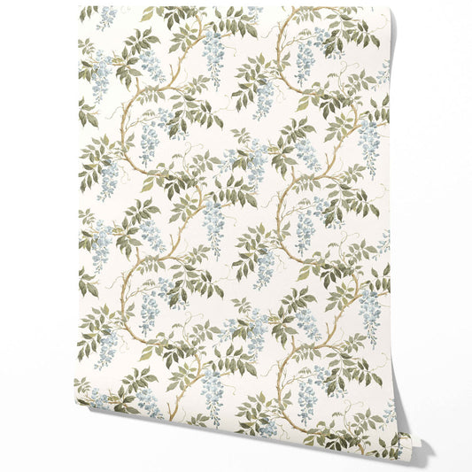 Floral Vine/ Botanical Patterned Traditional Wallpaper Sample (Cream/ Duck Egg Blue/ Green)