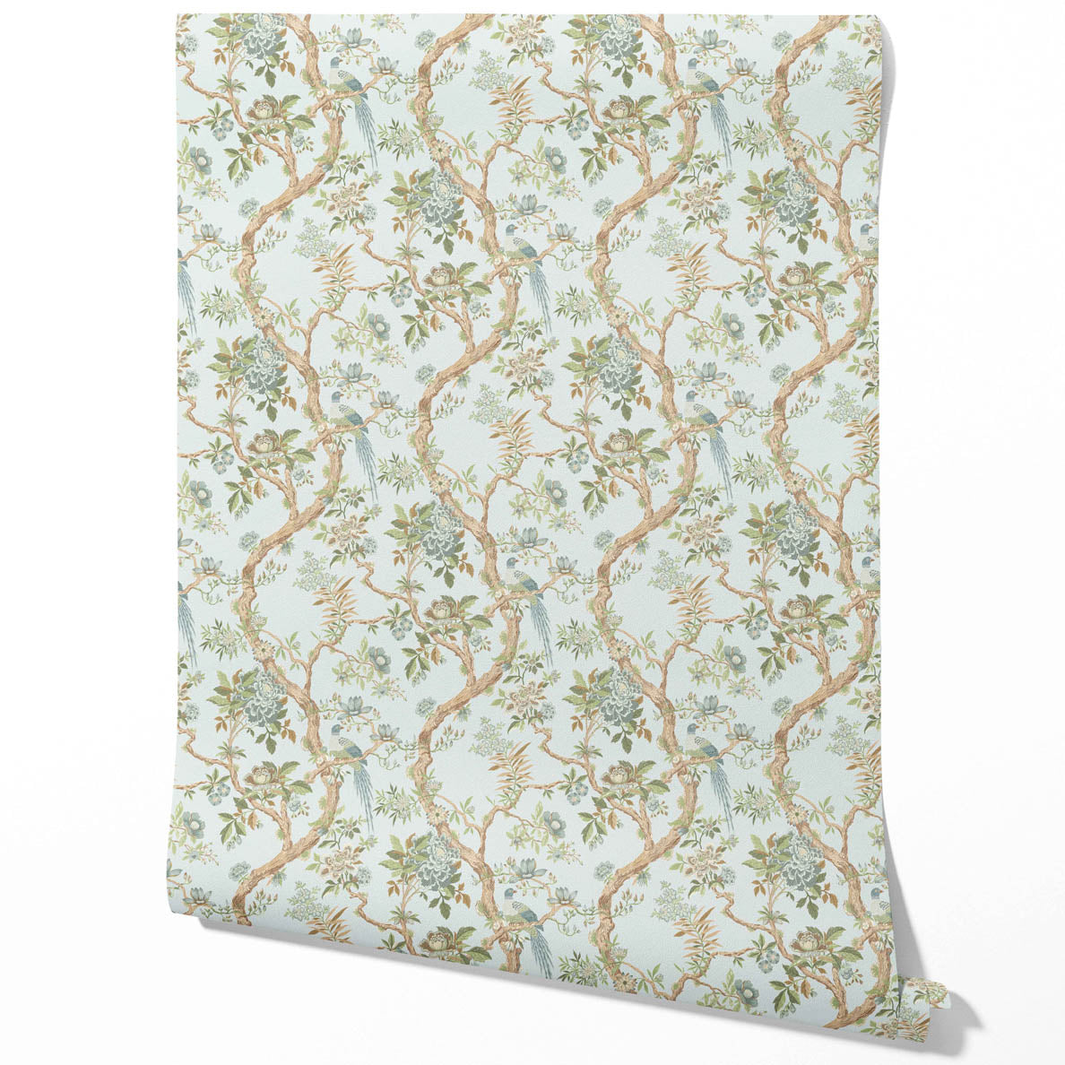 Floral/ Bird Print Chinoiserie Traditional Wallpaper Sample (Duck Egg Blue/ Green/ Brown)