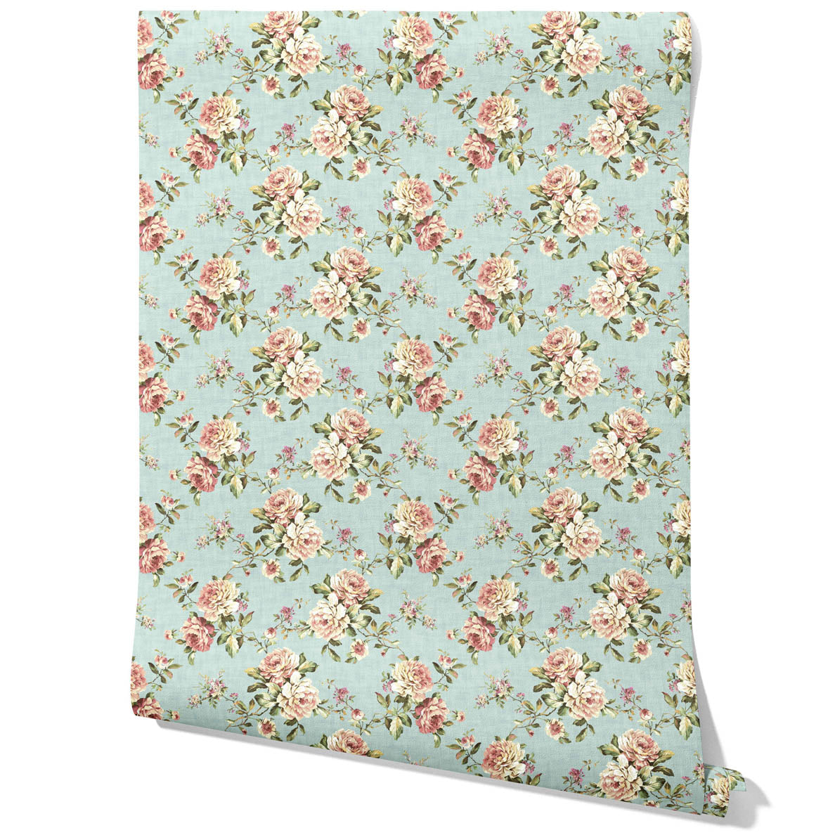 English Floral Patterned Traditional Wallpaper (Blue/ Pink/ Green)
