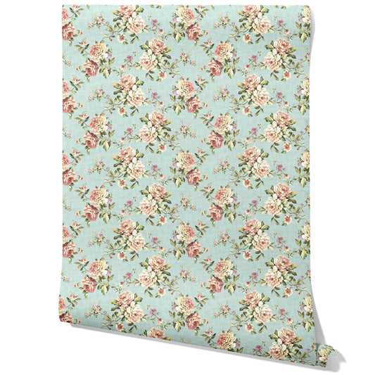 English Floral Patterned Traditional Wallpaper Sample (Blue/ Pink/ Green)