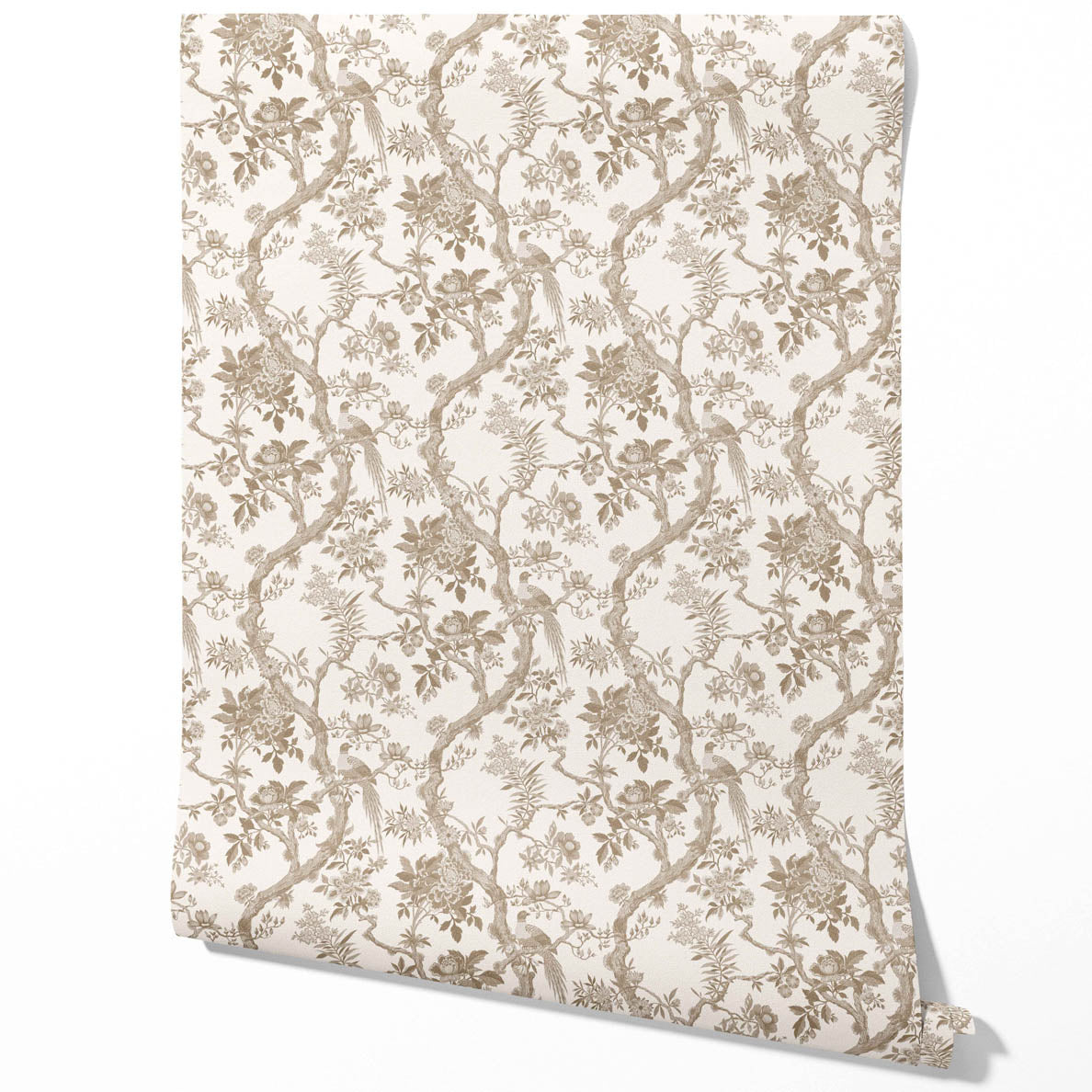 Floral Toile/ Bird Print Chinoiserie Traditional Wallpaper Sample (Beige/ Taupe/ Brown)