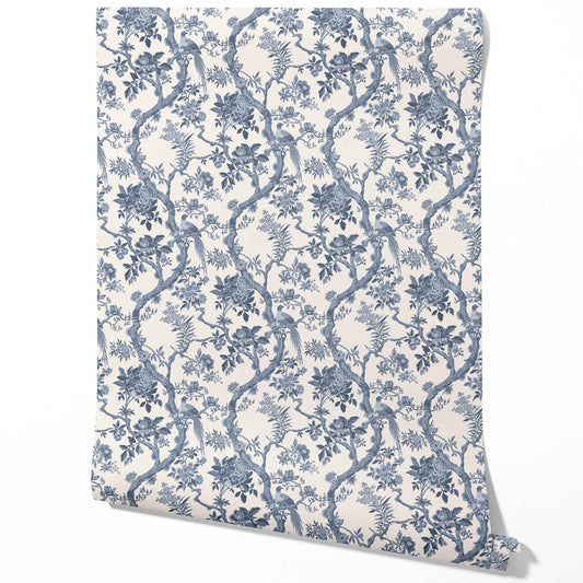 Floral Toile/ Bird Print Chinoiserie Traditional Wallpaper Sample (Navy Blue/ Off-White)