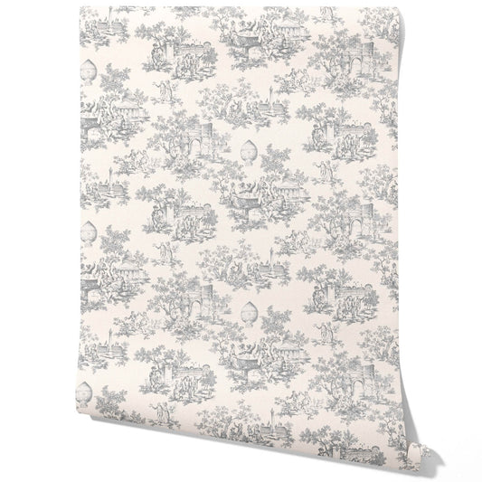 Toile de Jouy/ Nature Print Traditional Wallpaper Sample (Dove Gray/ Off-White)