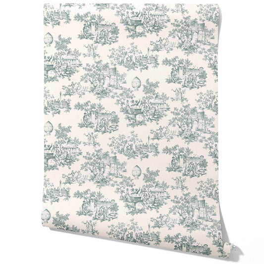 Toile de Jouy/ Nature Print Traditional Wallpaper Sample (Duck Egg Blue/ Off-White)