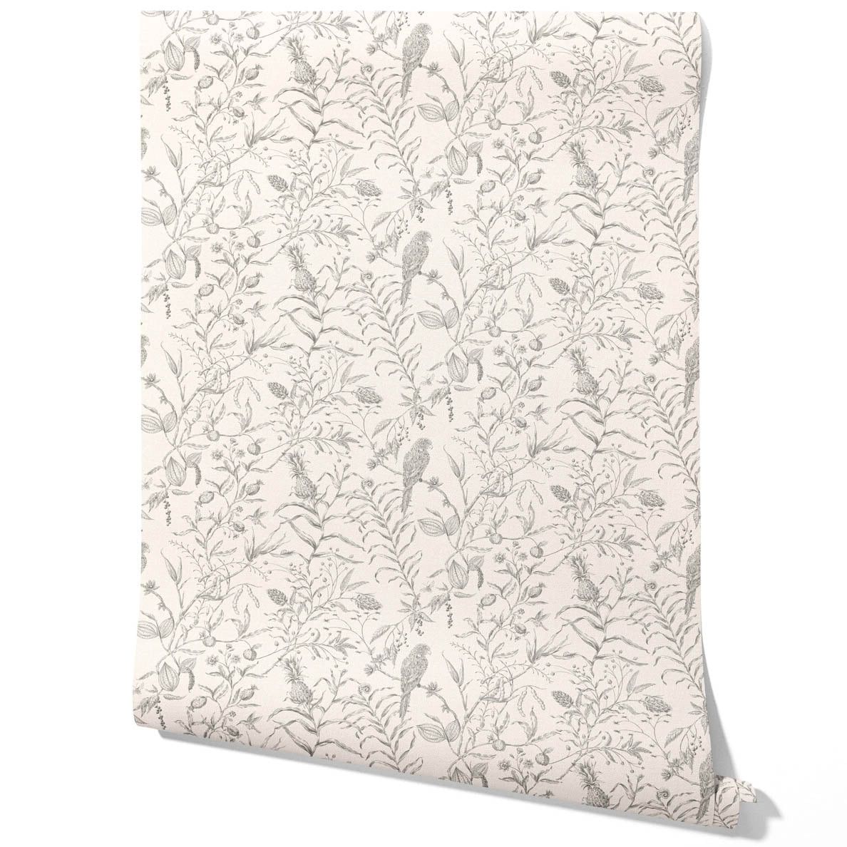 Birds Print/ Botanical Traditional Wallpaper Sample (Gray/ Off-White)