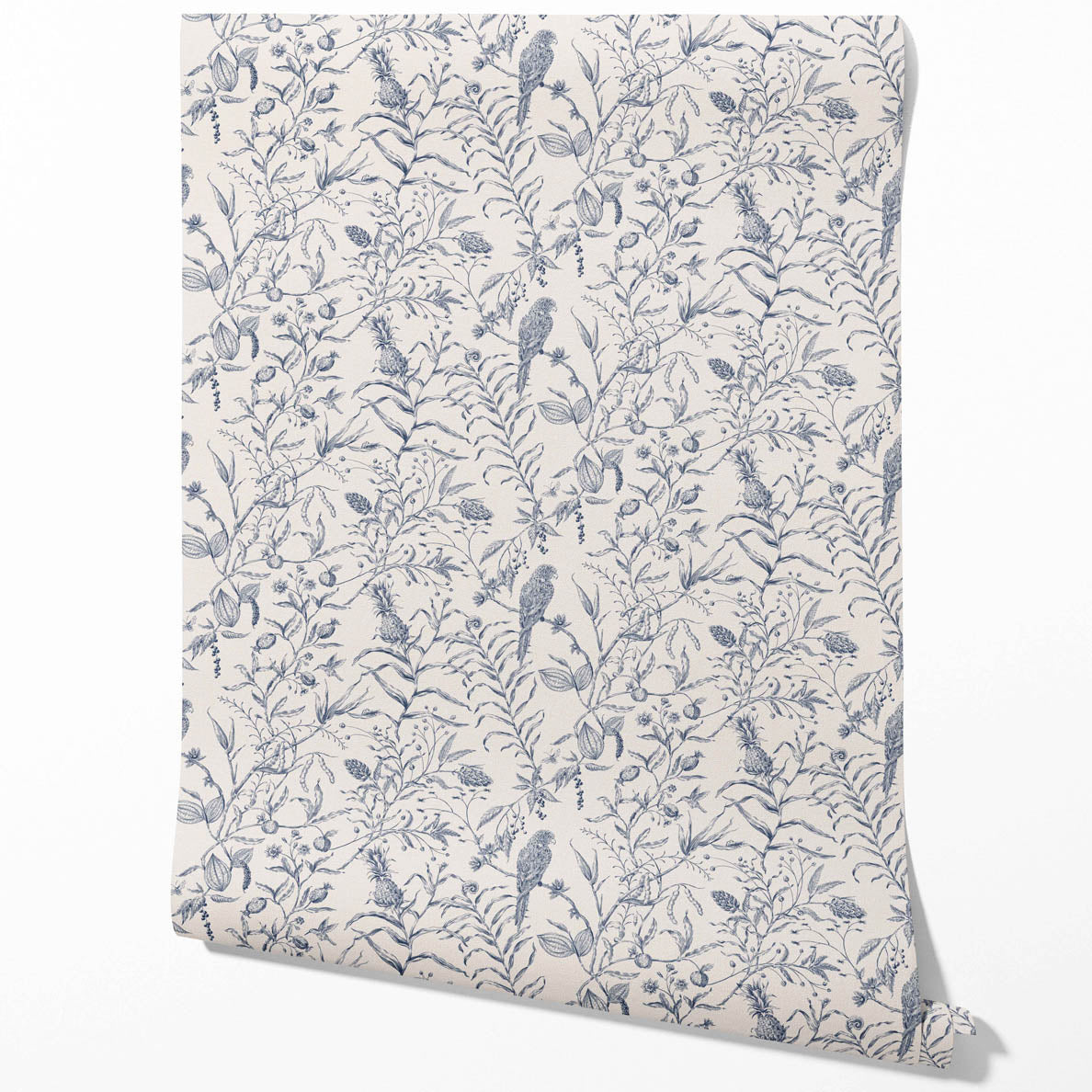 Birds Print/ Botanical Traditional Wallpaper Sample (Navy Blue)