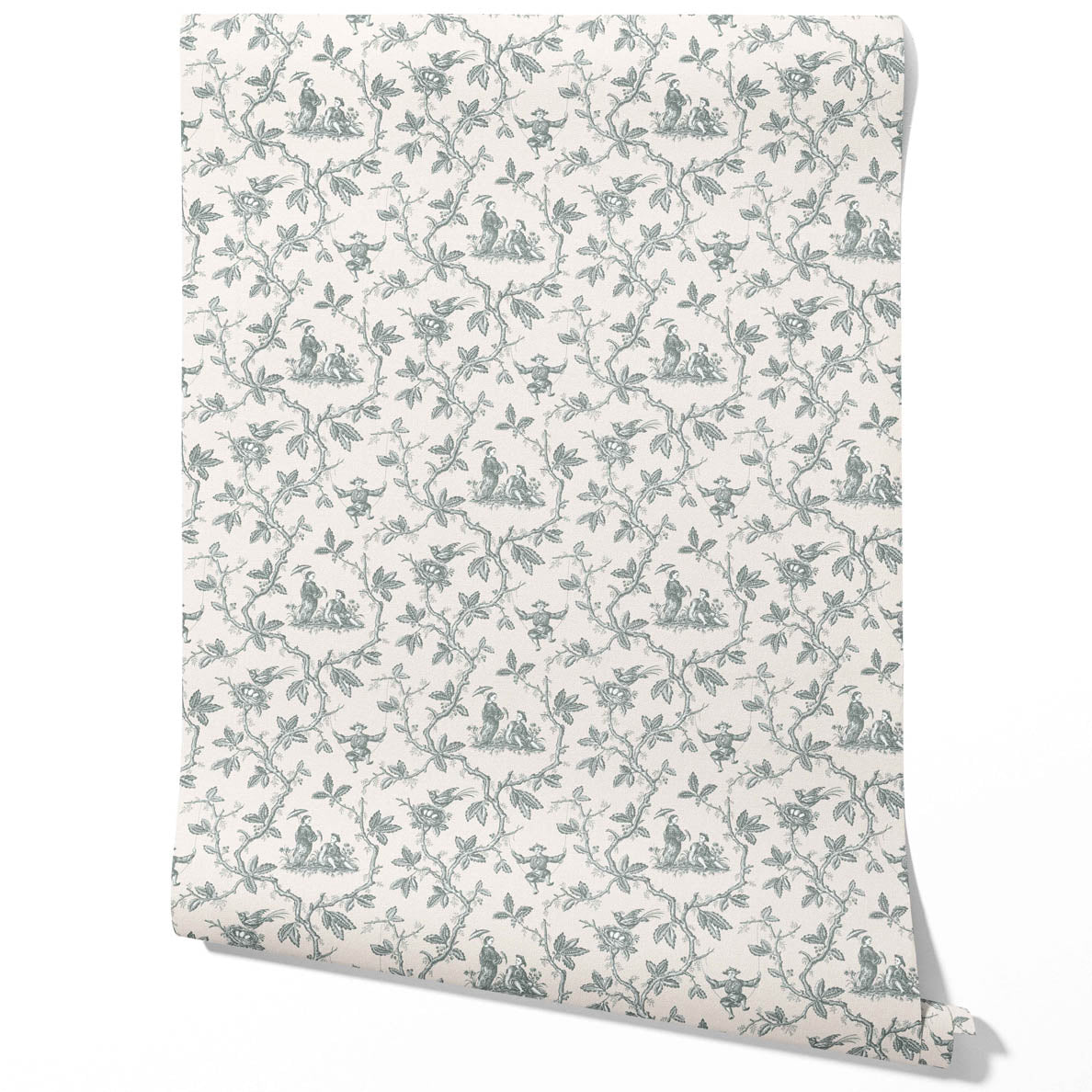 Floral Toile de Jouy Traditional Wallpaper Sample (Blue-Gray/ Off-White)