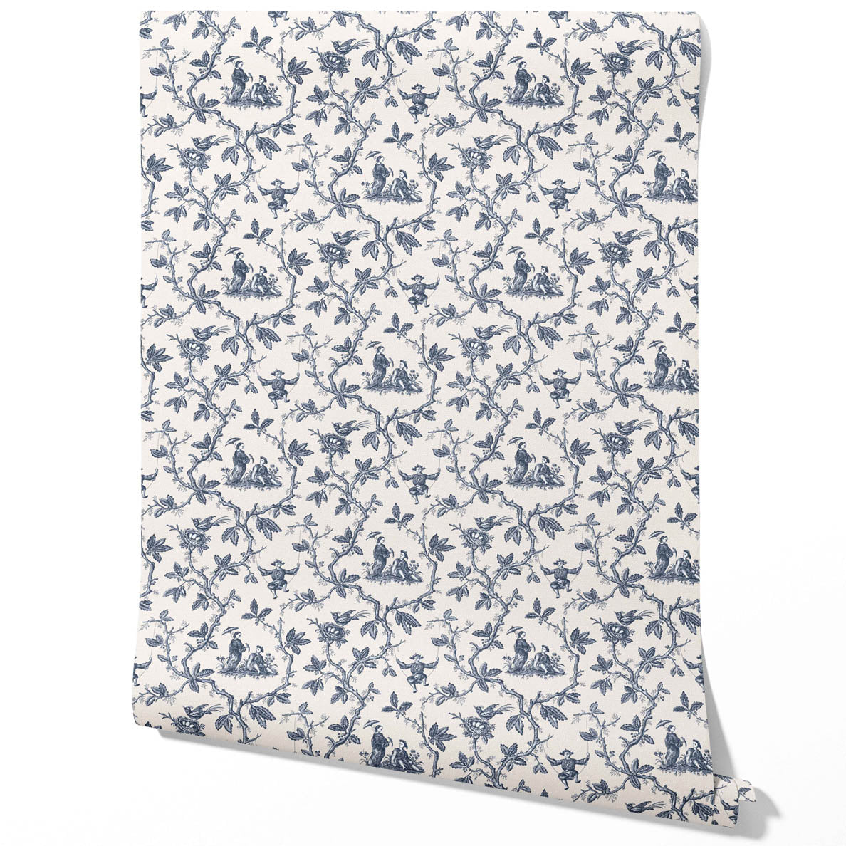 Floral Toile de Jouy Traditional Wallpaper Sample (Navy Blue/ Off-White)